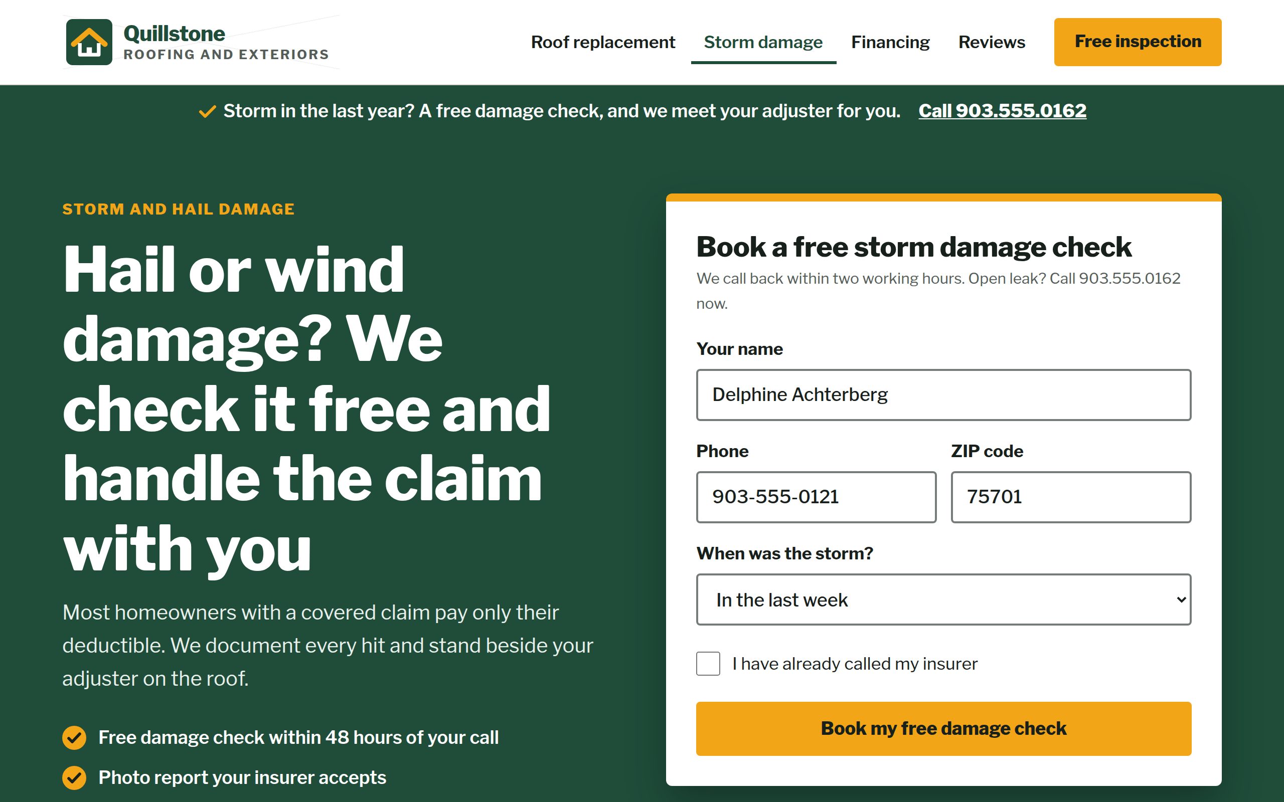 Quillstone Roofing and Exteriors storm damage page