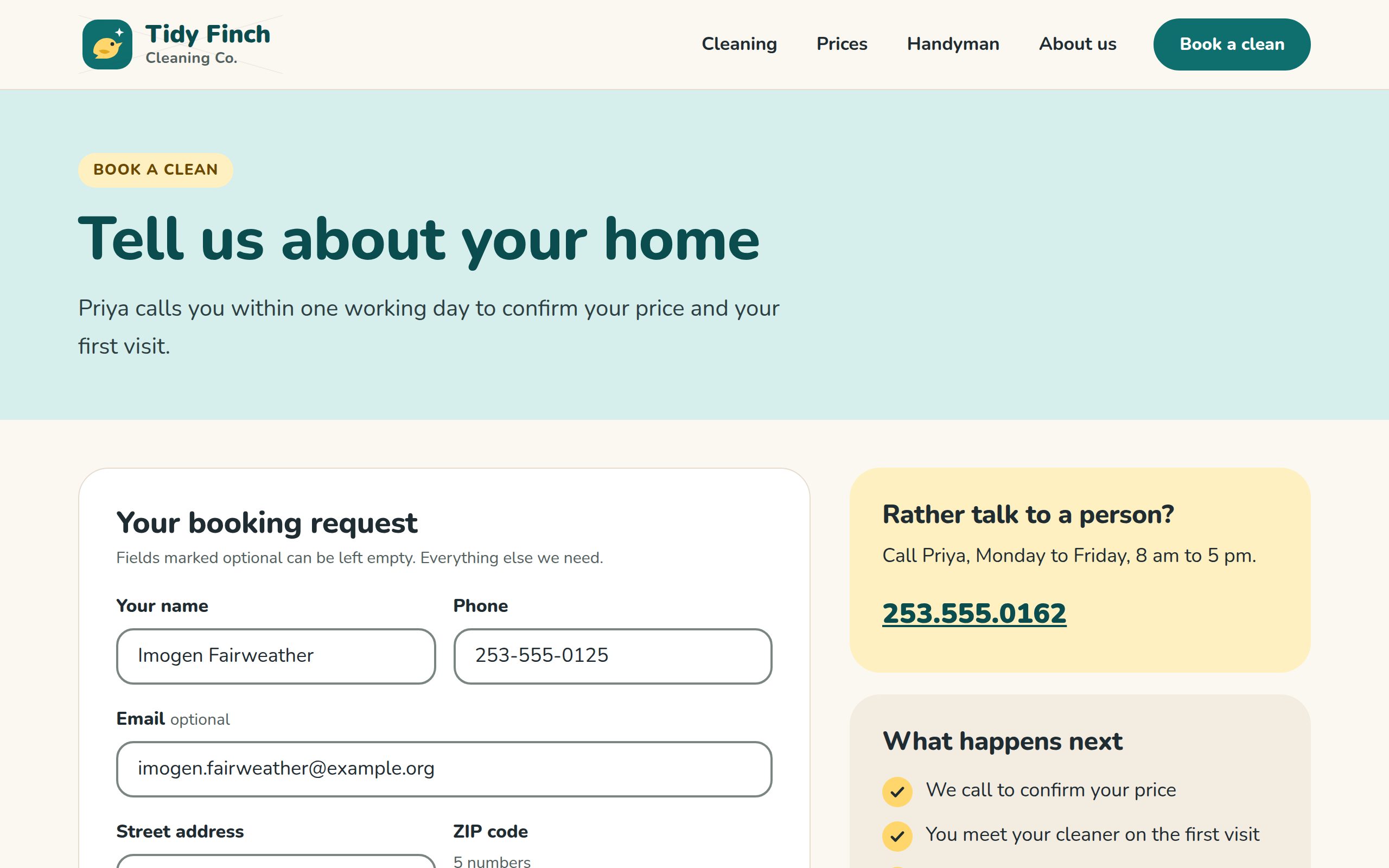Tidy Finch Cleaning Co booking page