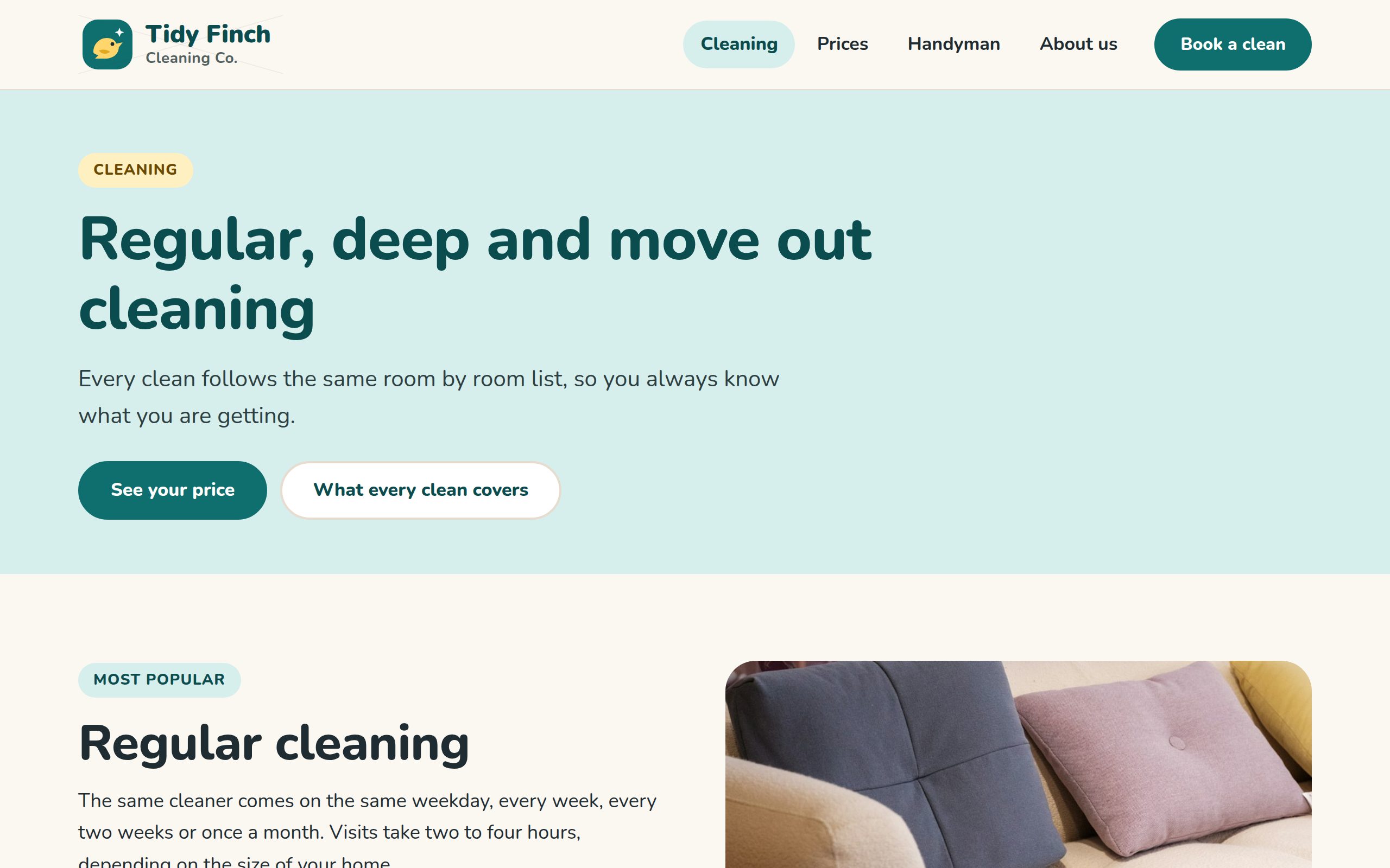 Tidy Finch Cleaning Co services page
