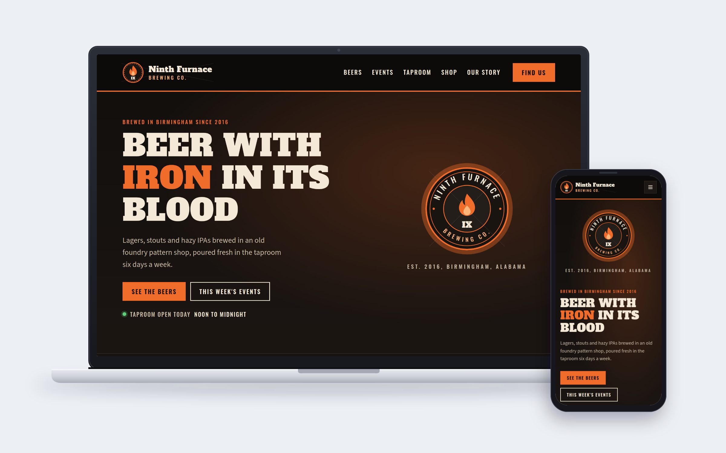 Ninth Furnace Brewing Co website on desktop and mobile devices