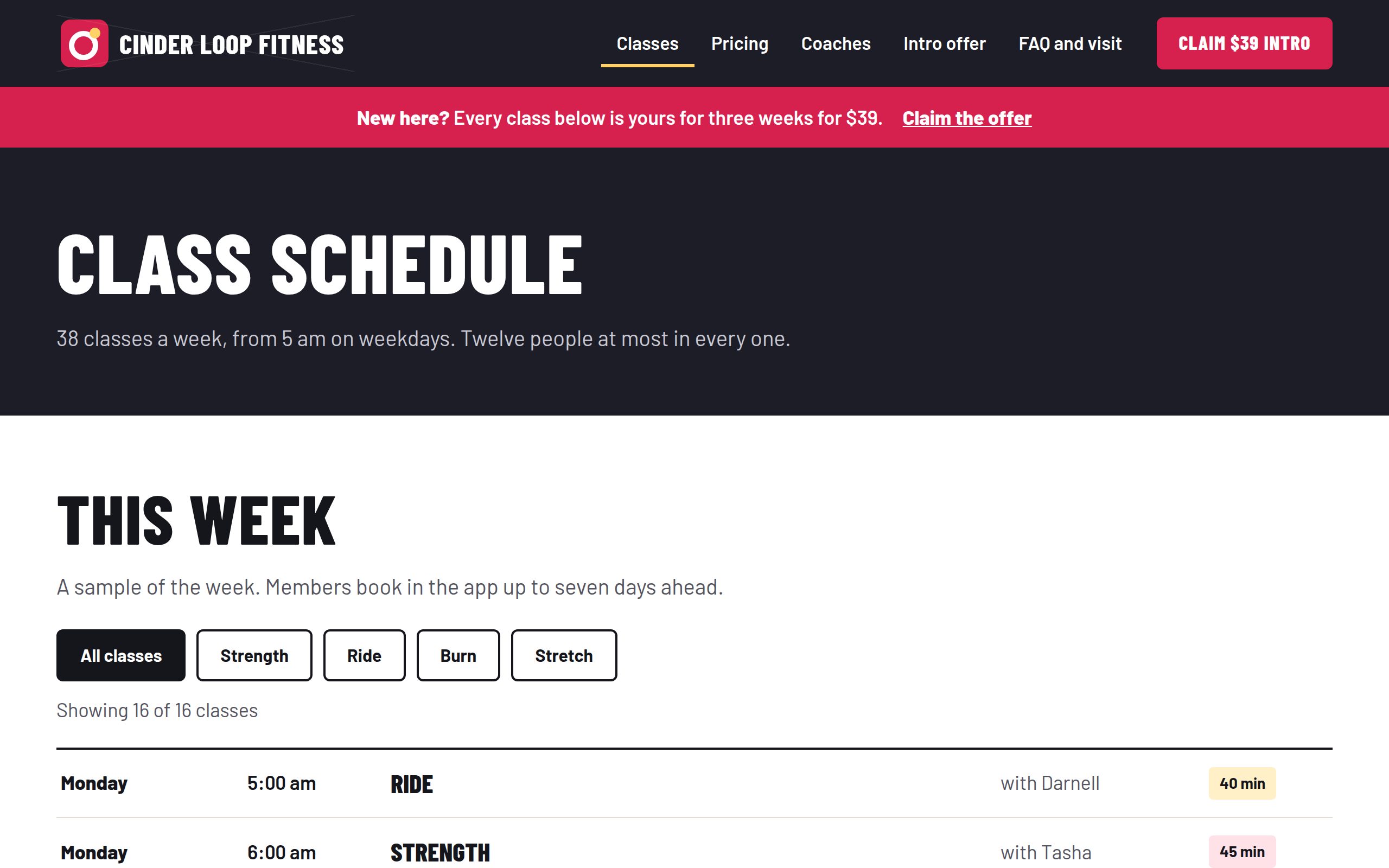 Cinder Loop Fitness classes page