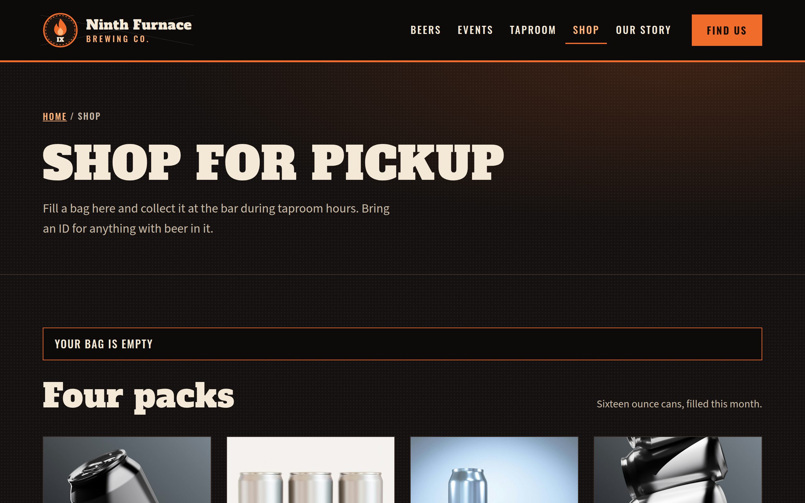 Ninth Furnace Brewing Co online ordering page
