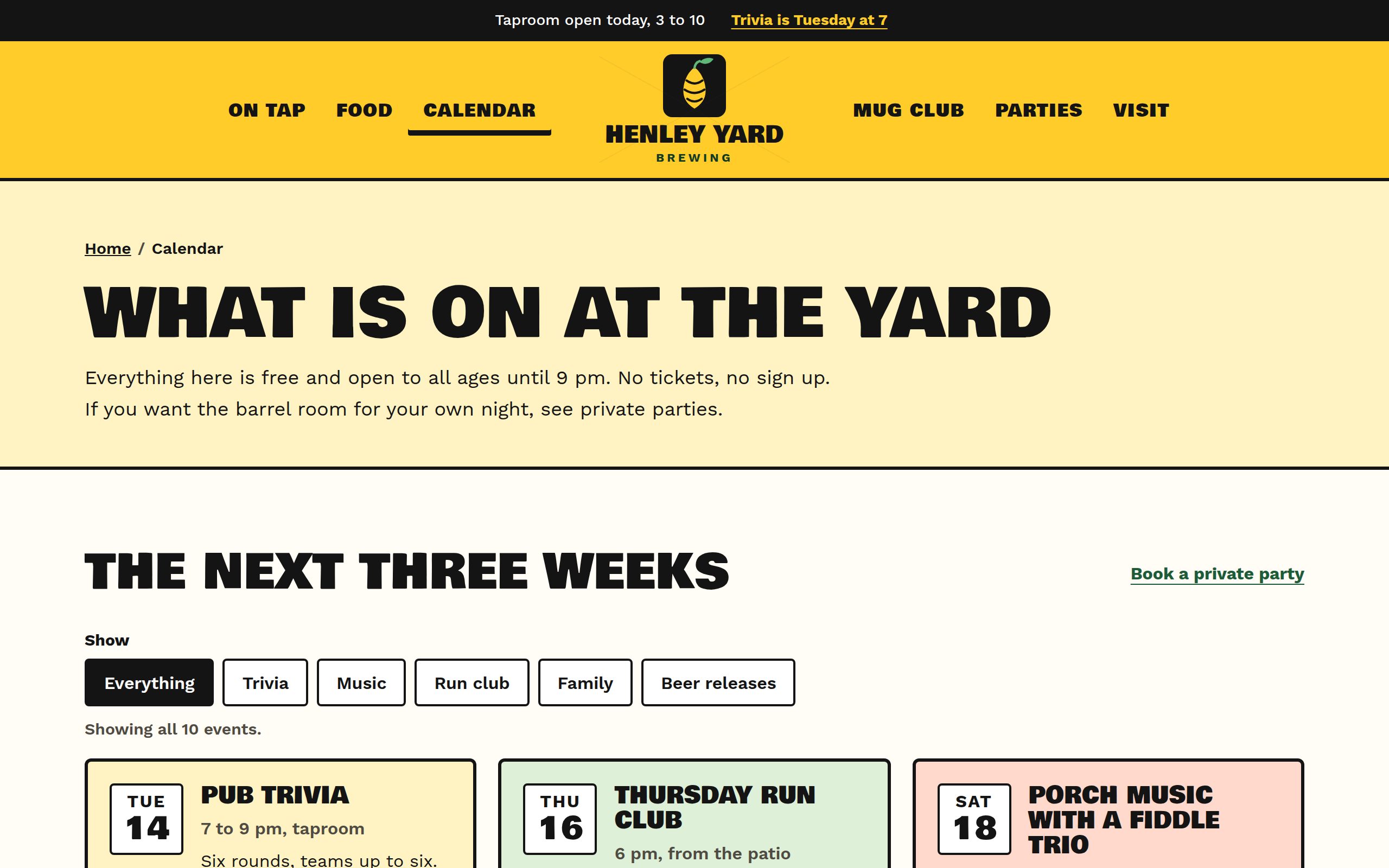 Henley Yard Brewing calendar page