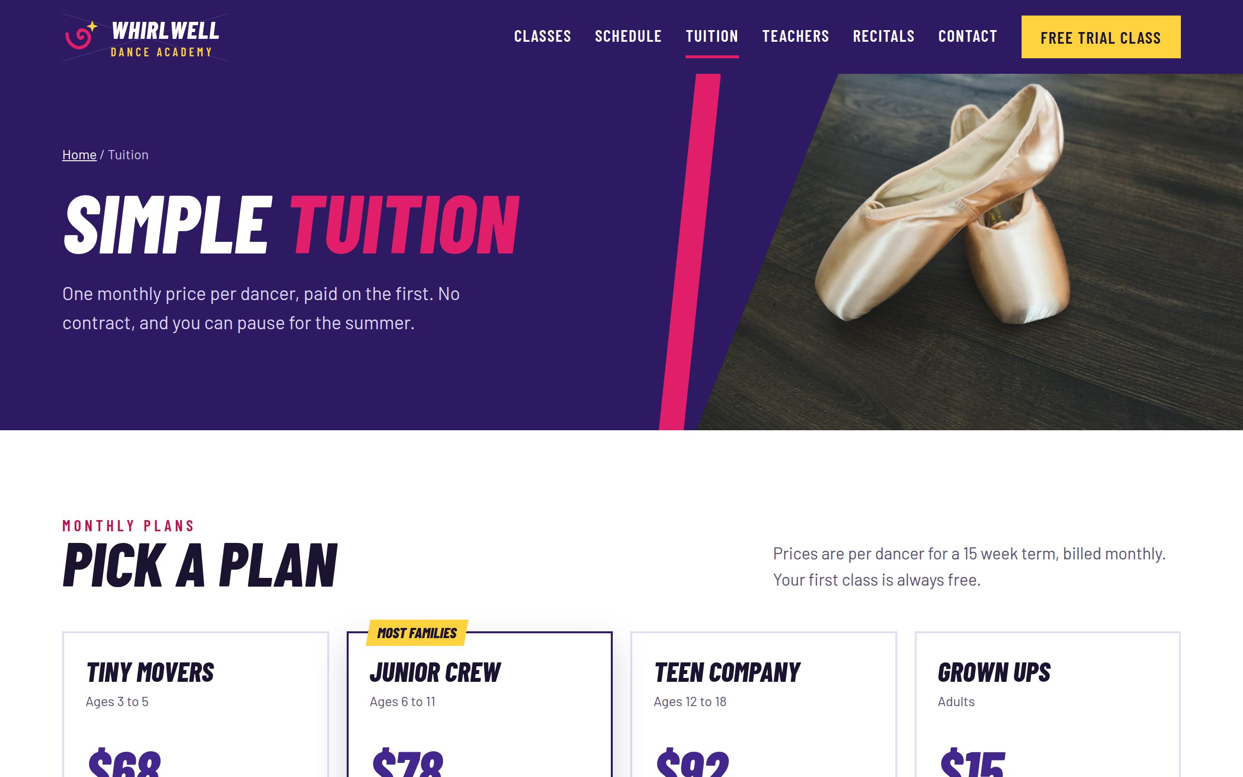 Whirlwell Dance Academy tuition page