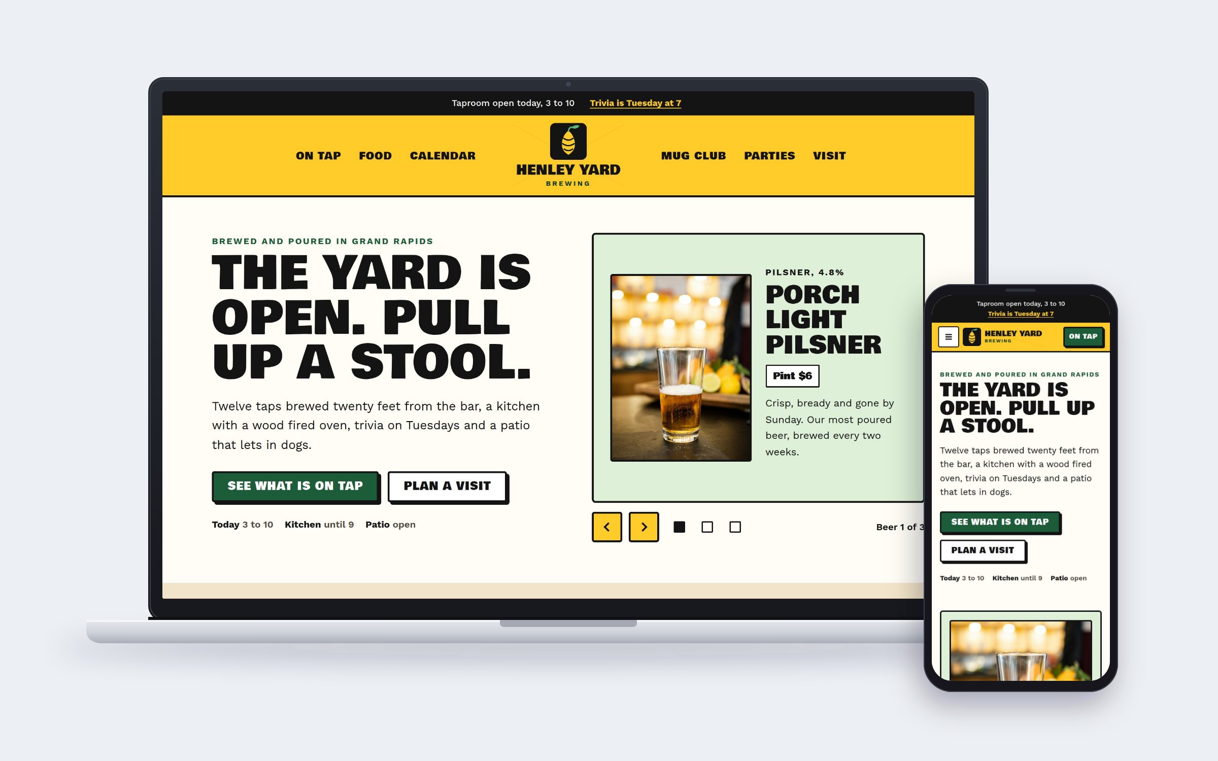 Henley Yard Brewing website on desktop and mobile devices