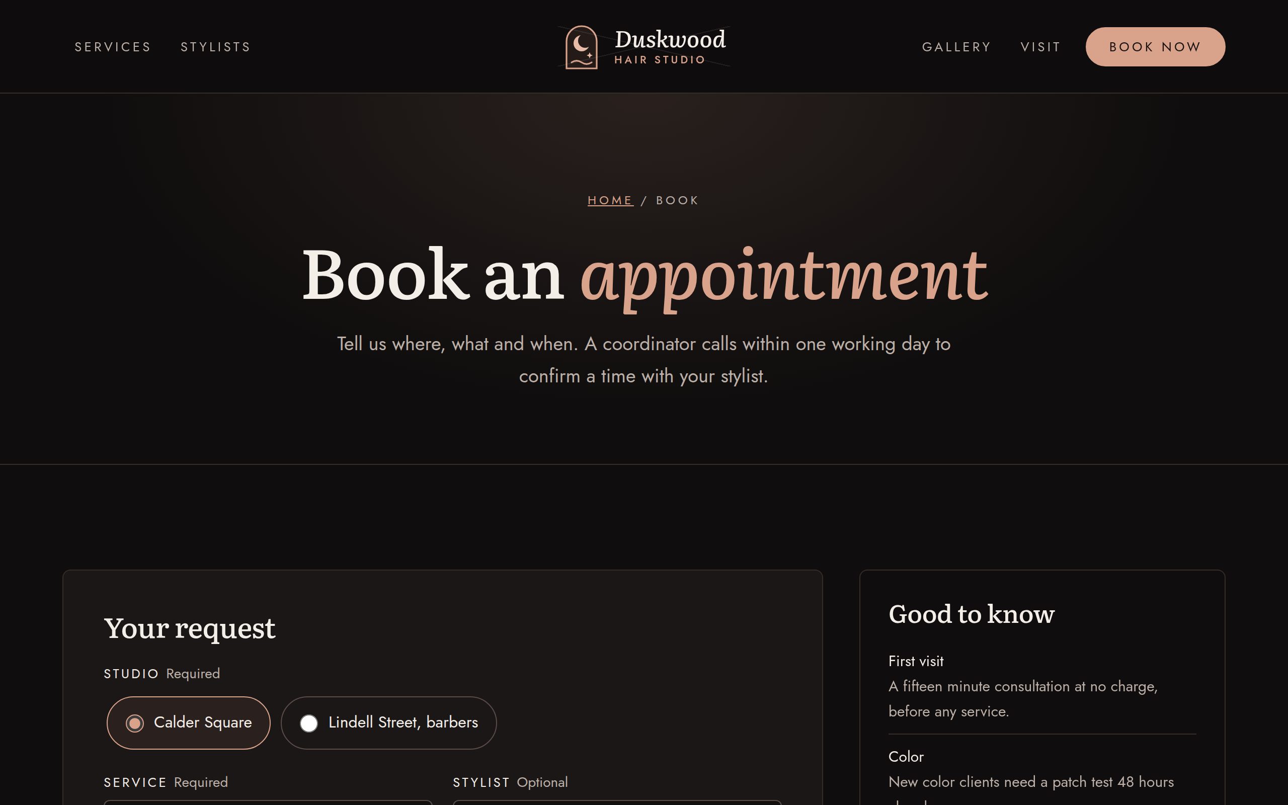 Duskwood Hair Studio booking page