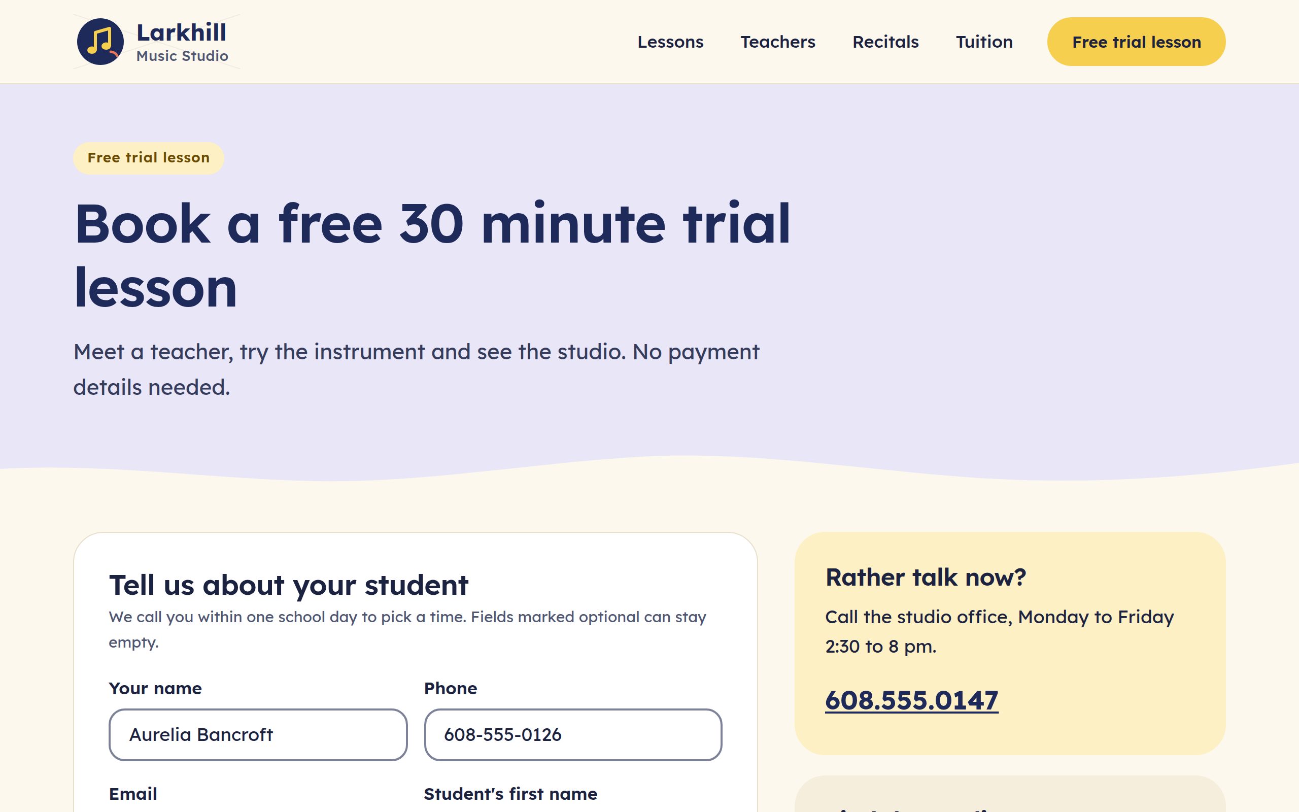 Larkhill Music Studio free trial page