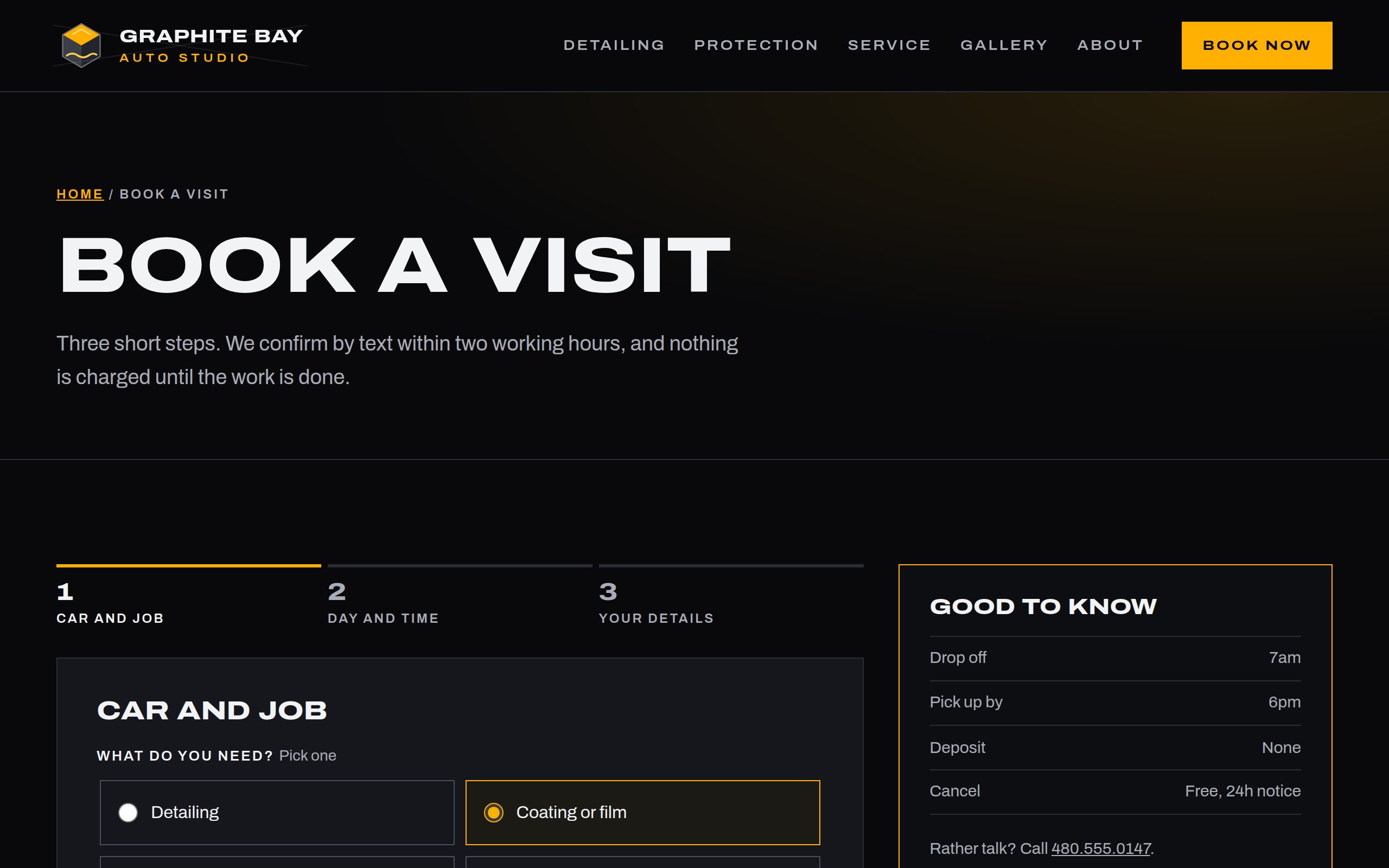 Graphite Bay Auto Studio booking page