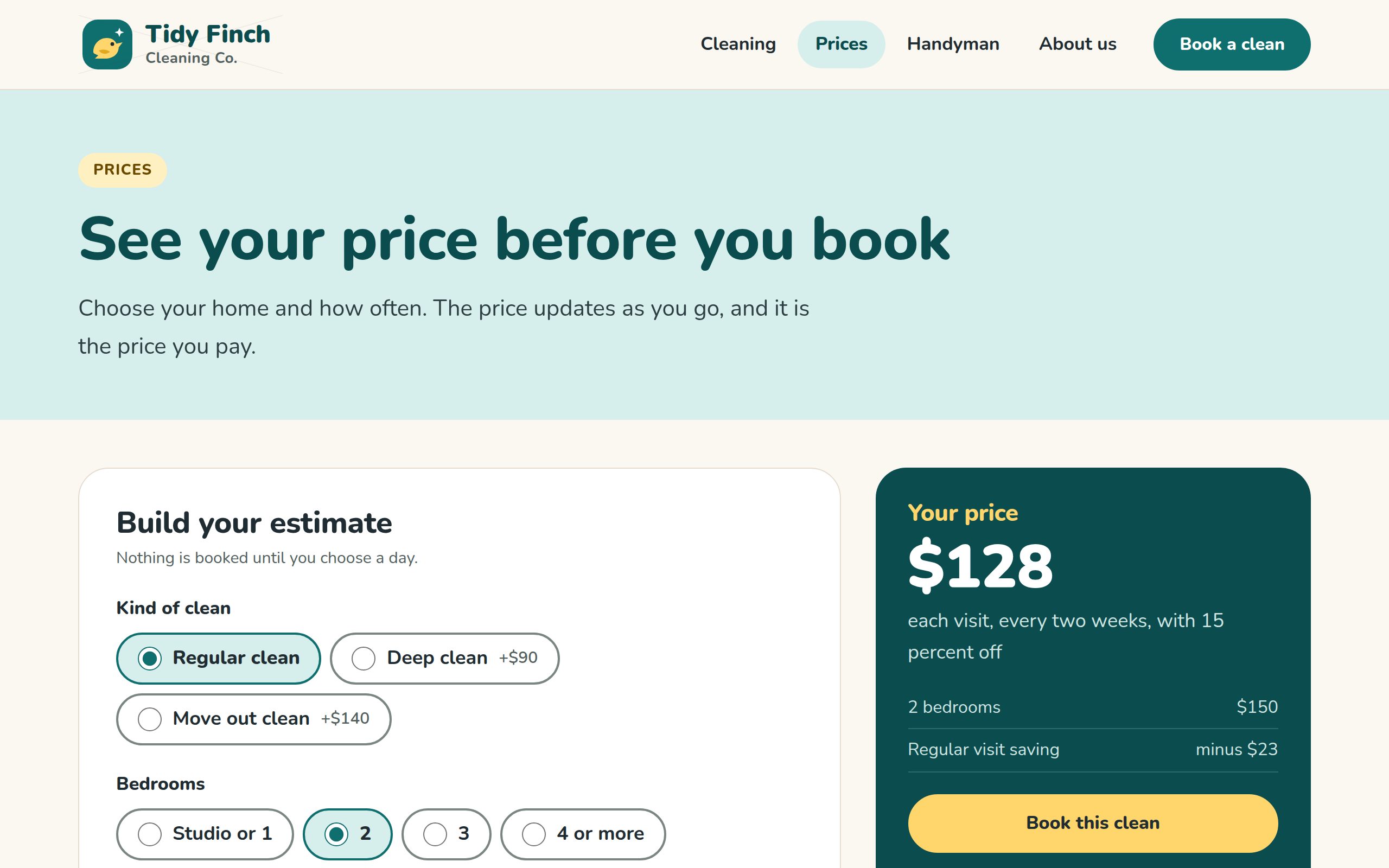 Tidy Finch Cleaning Co pricing page