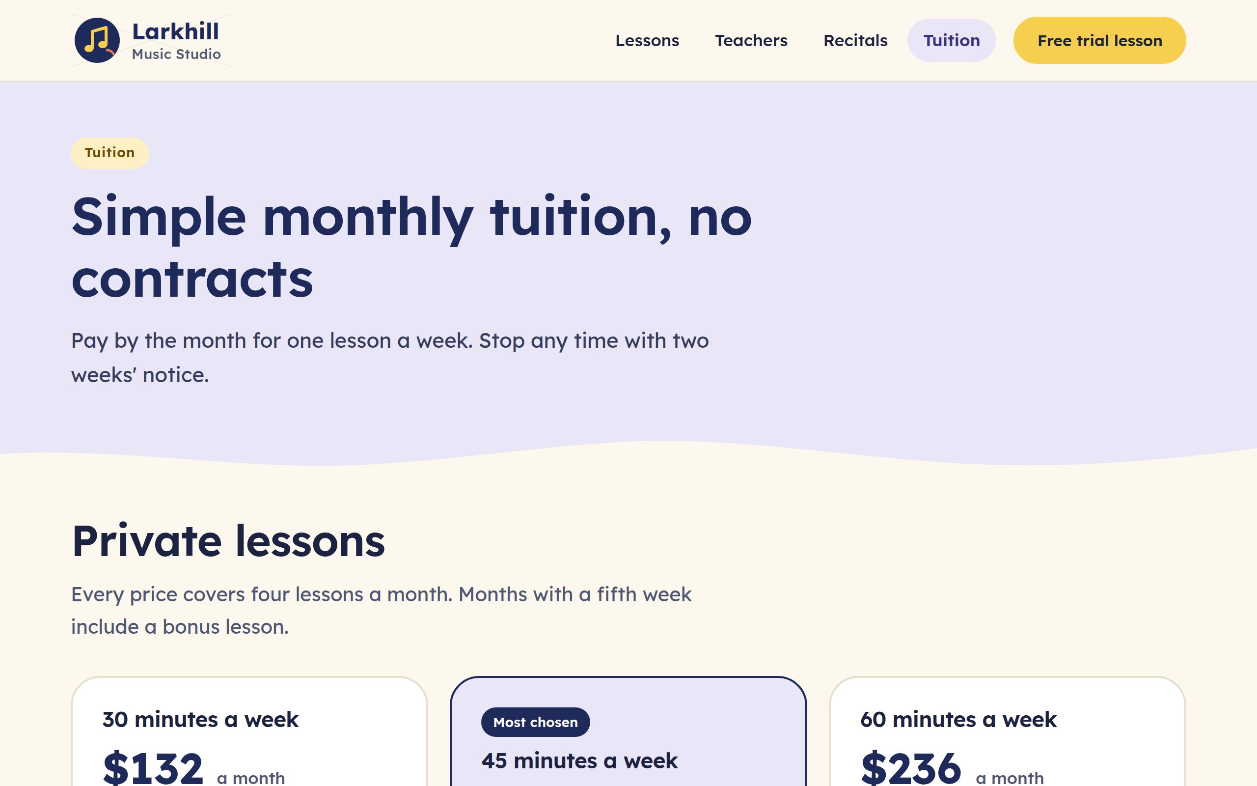 Larkhill Music Studio pricing page