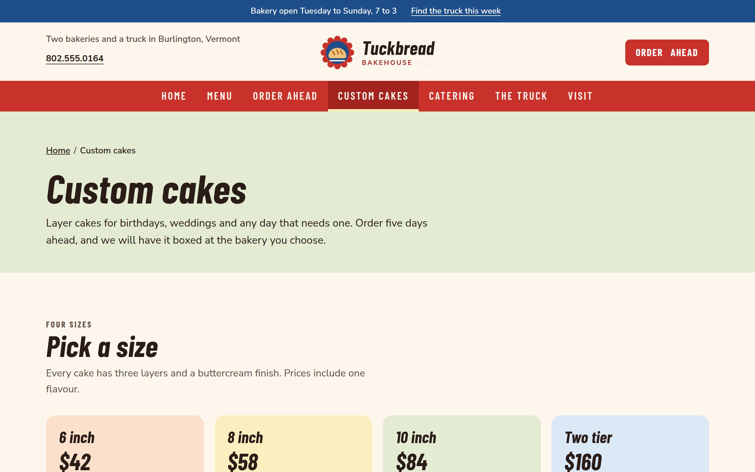 Tuckbread Bakehouse cakes page