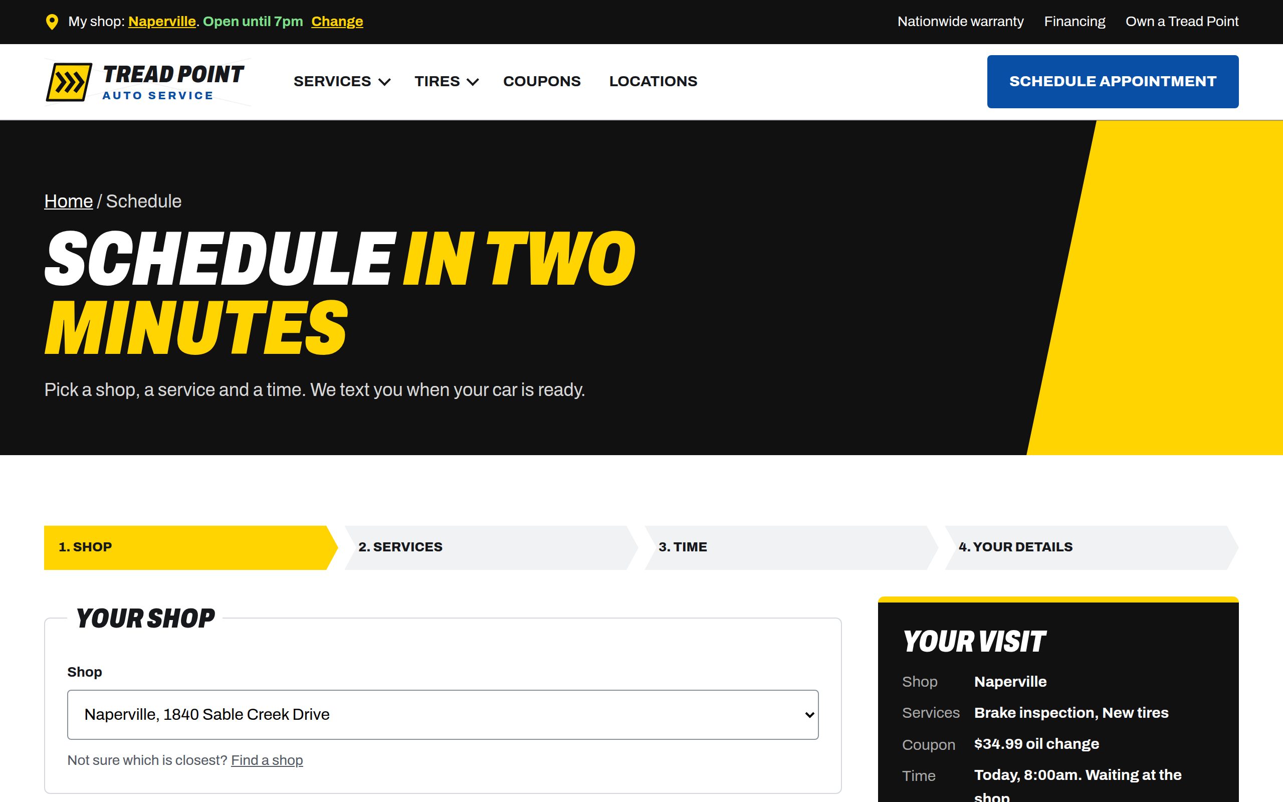 Tread Point Auto Service scheduling page