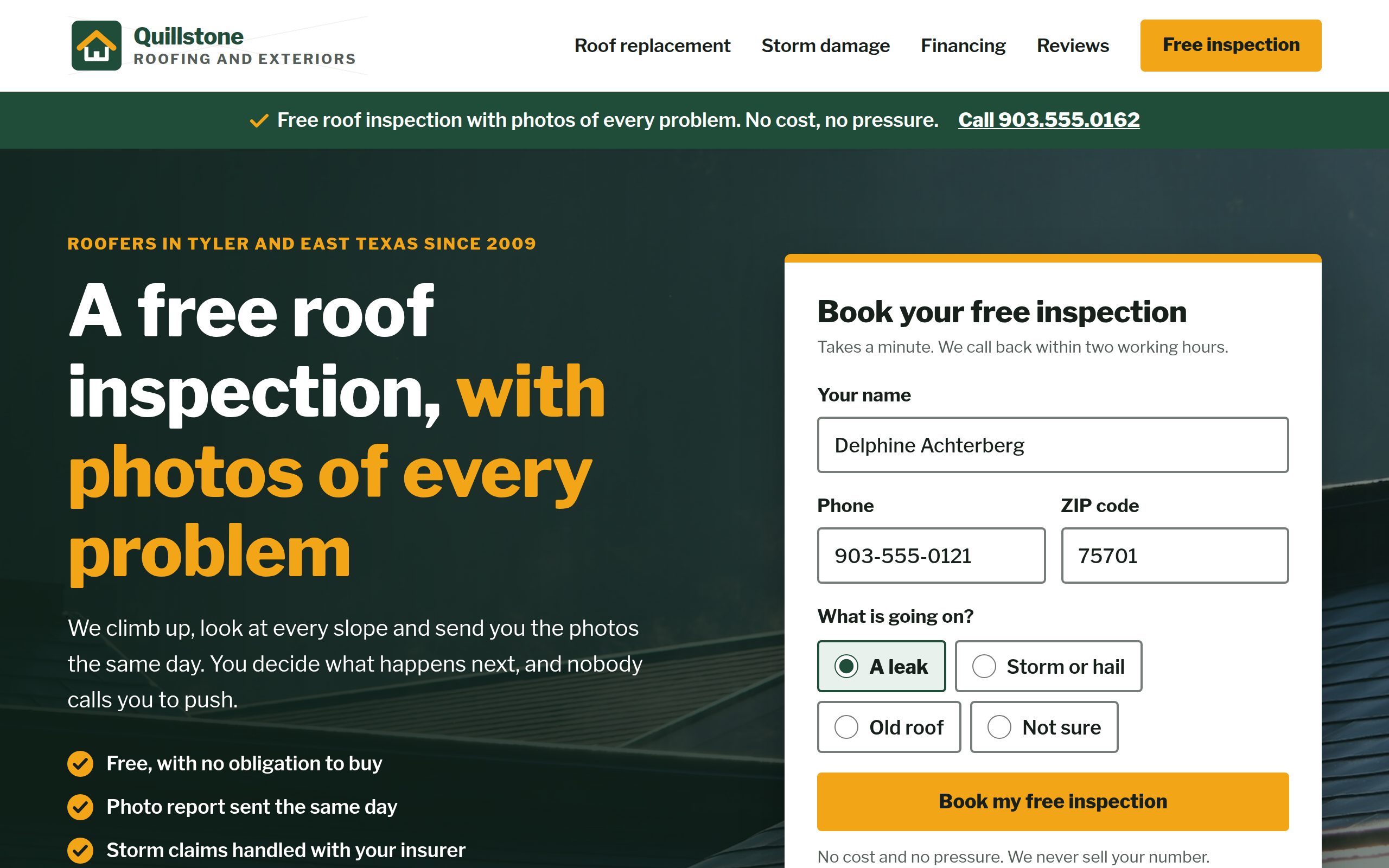 Quillstone Roofing and Exteriors home page