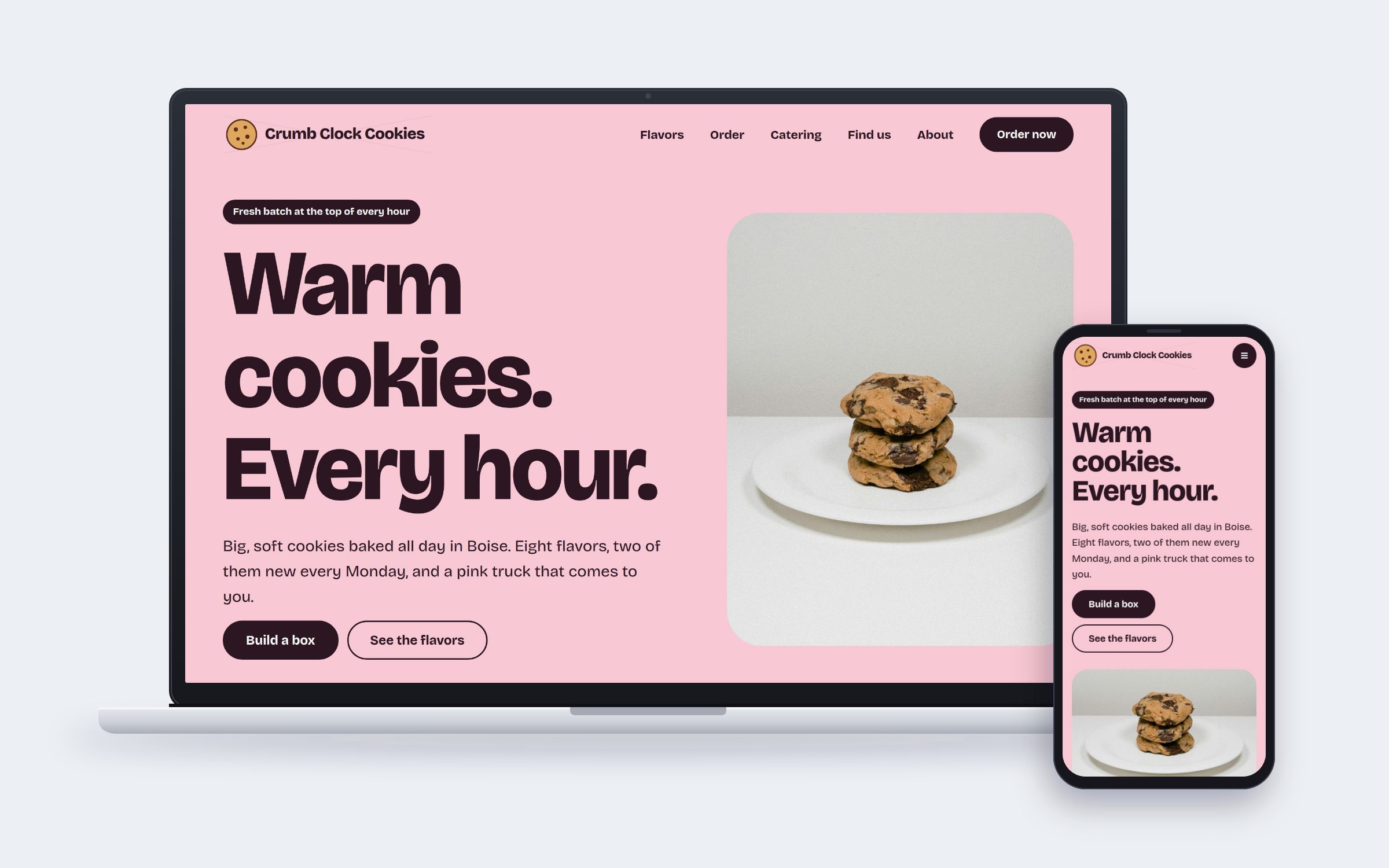 Crumb Clock Cookies website on mobile and desktop devices