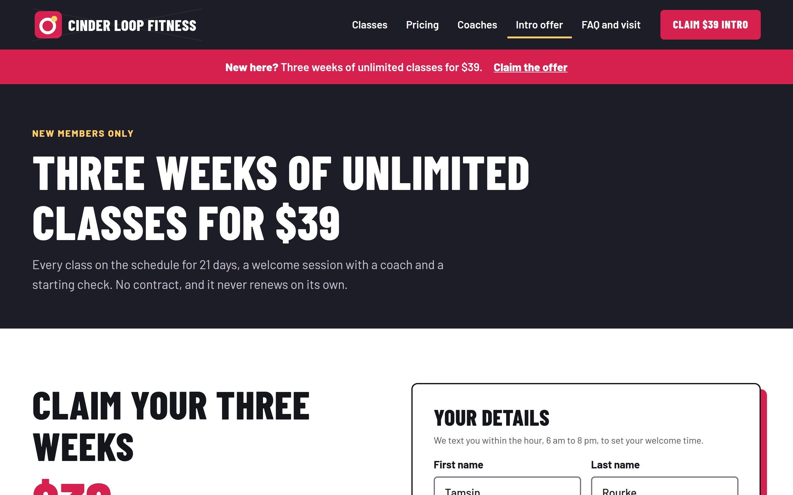 Cinder Loop Fitness introductory offer page