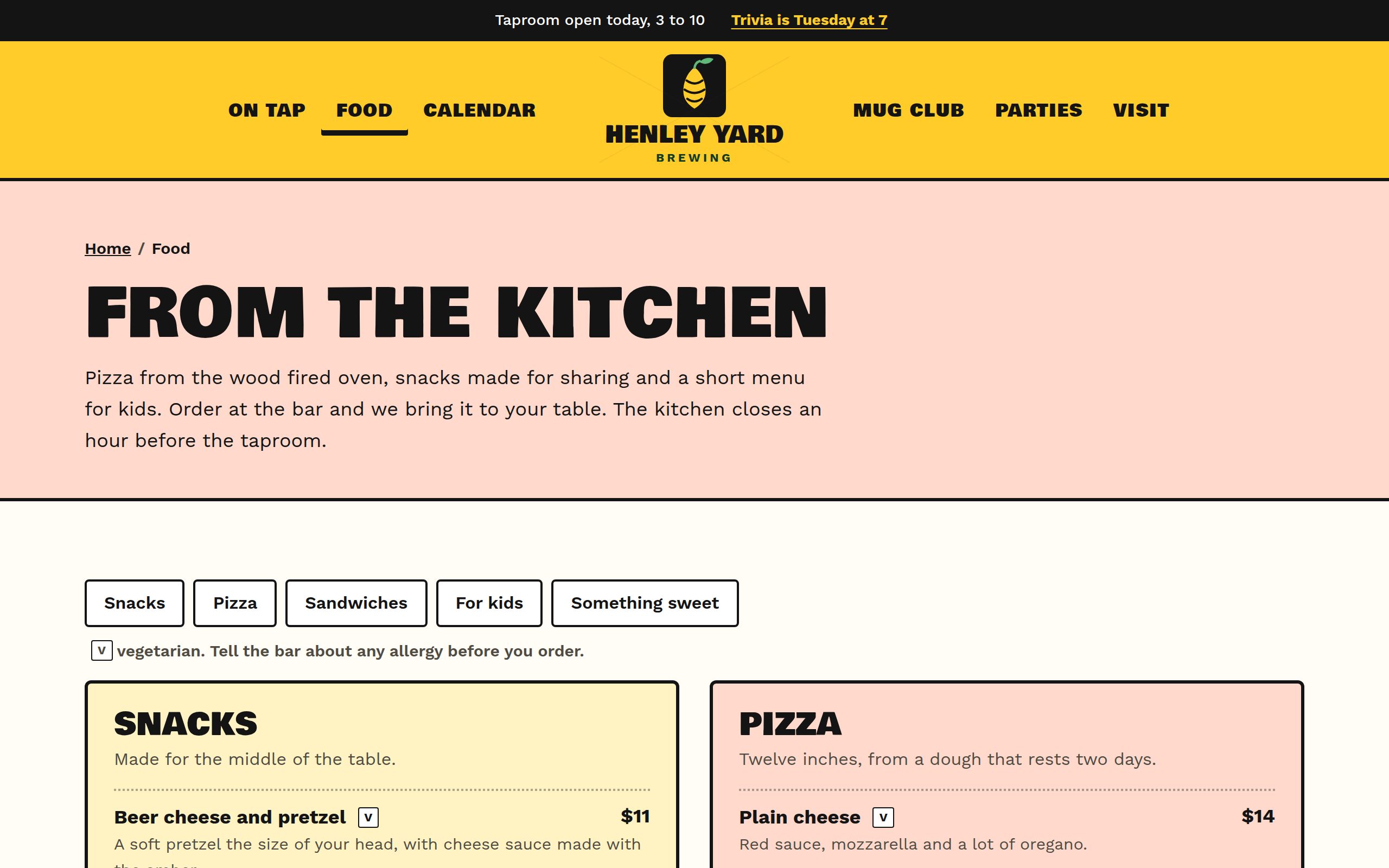Henley Yard Brewing menu page