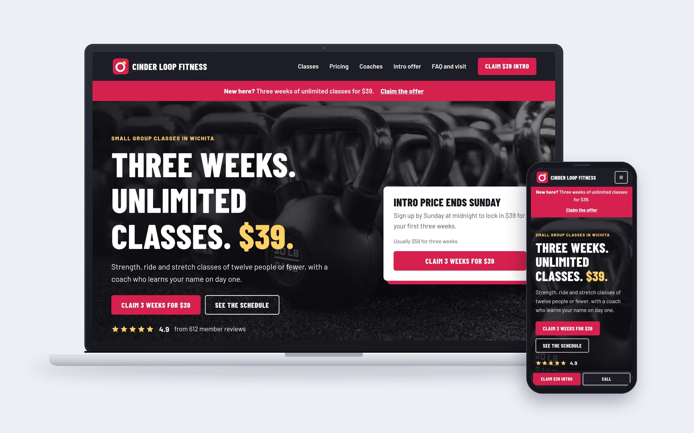 Cinder Loop Fitness website on desktop and mobile devices