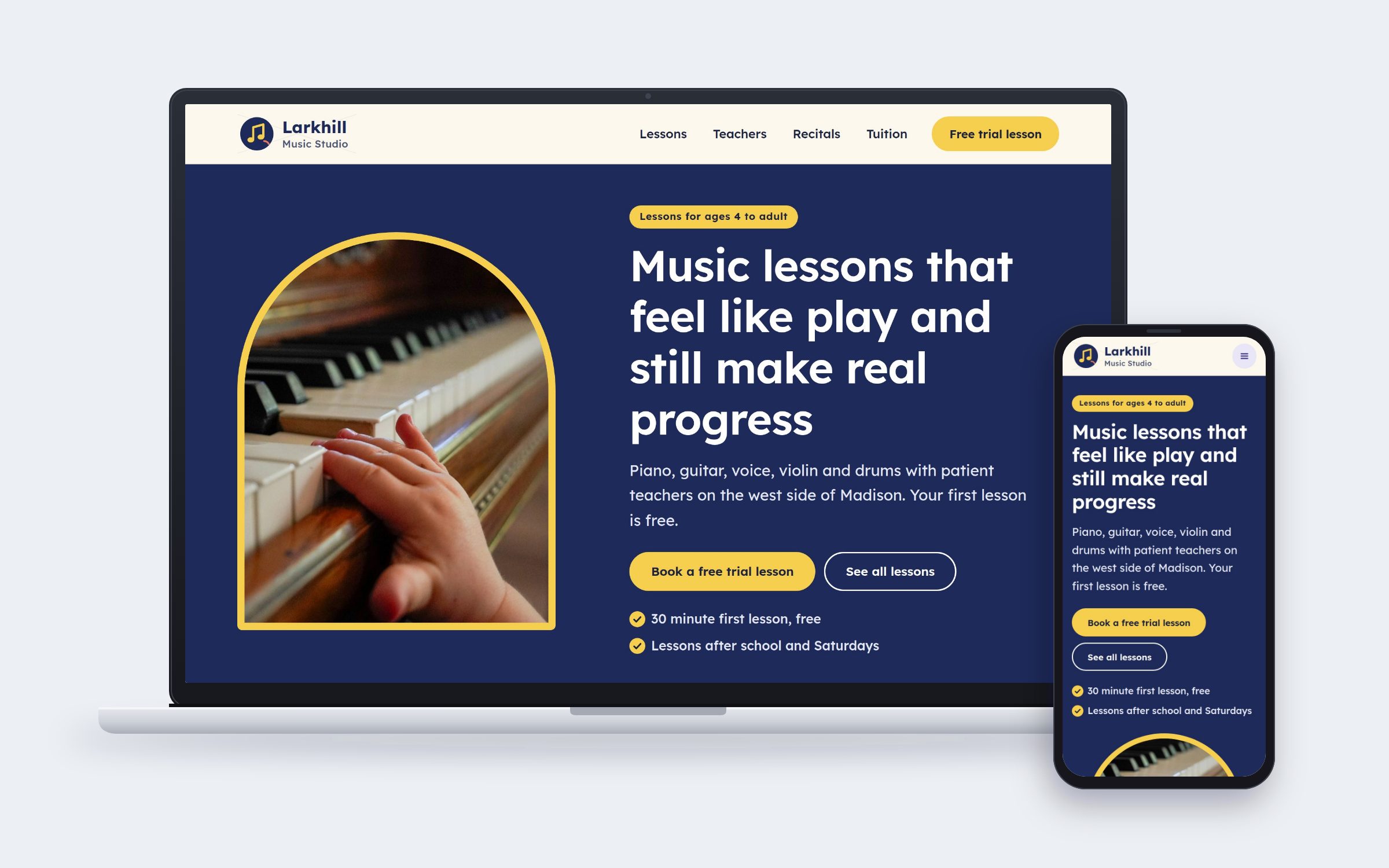 Larkhill Music Studio website on desktop and mobile devices