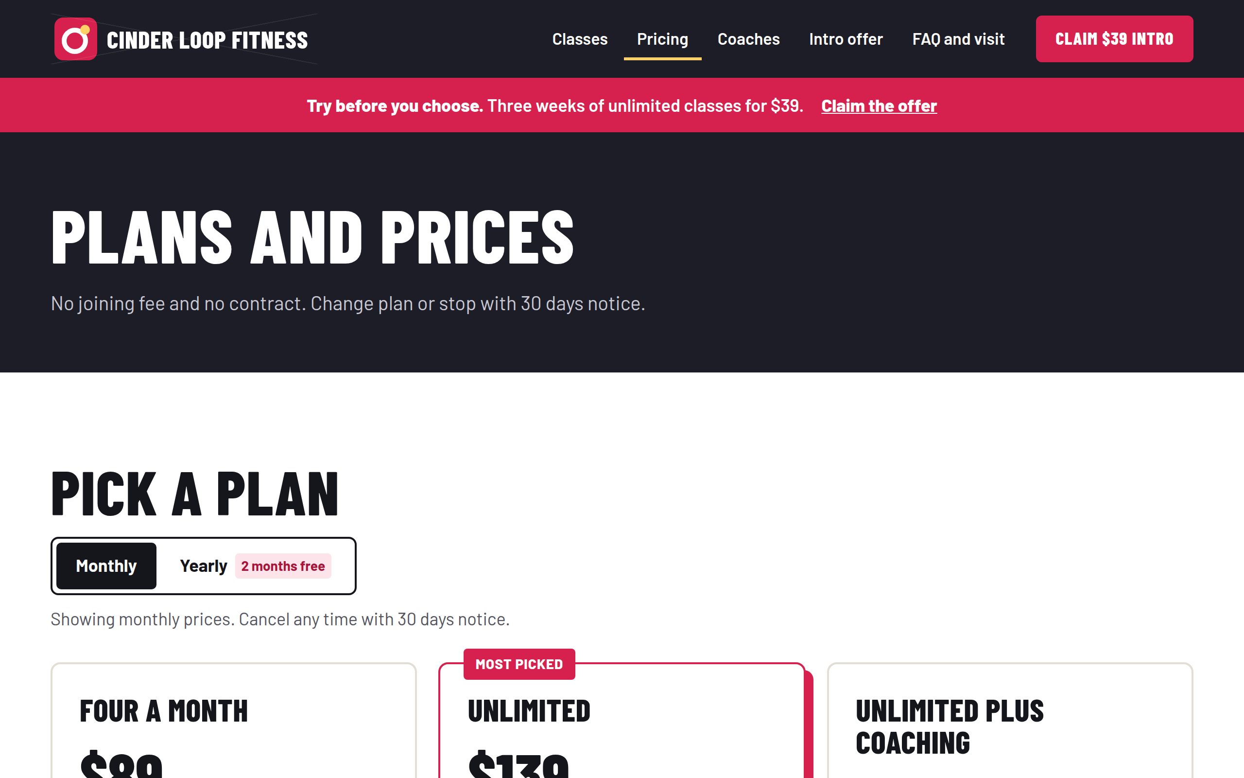 Cinder Loop Fitness pricing page
