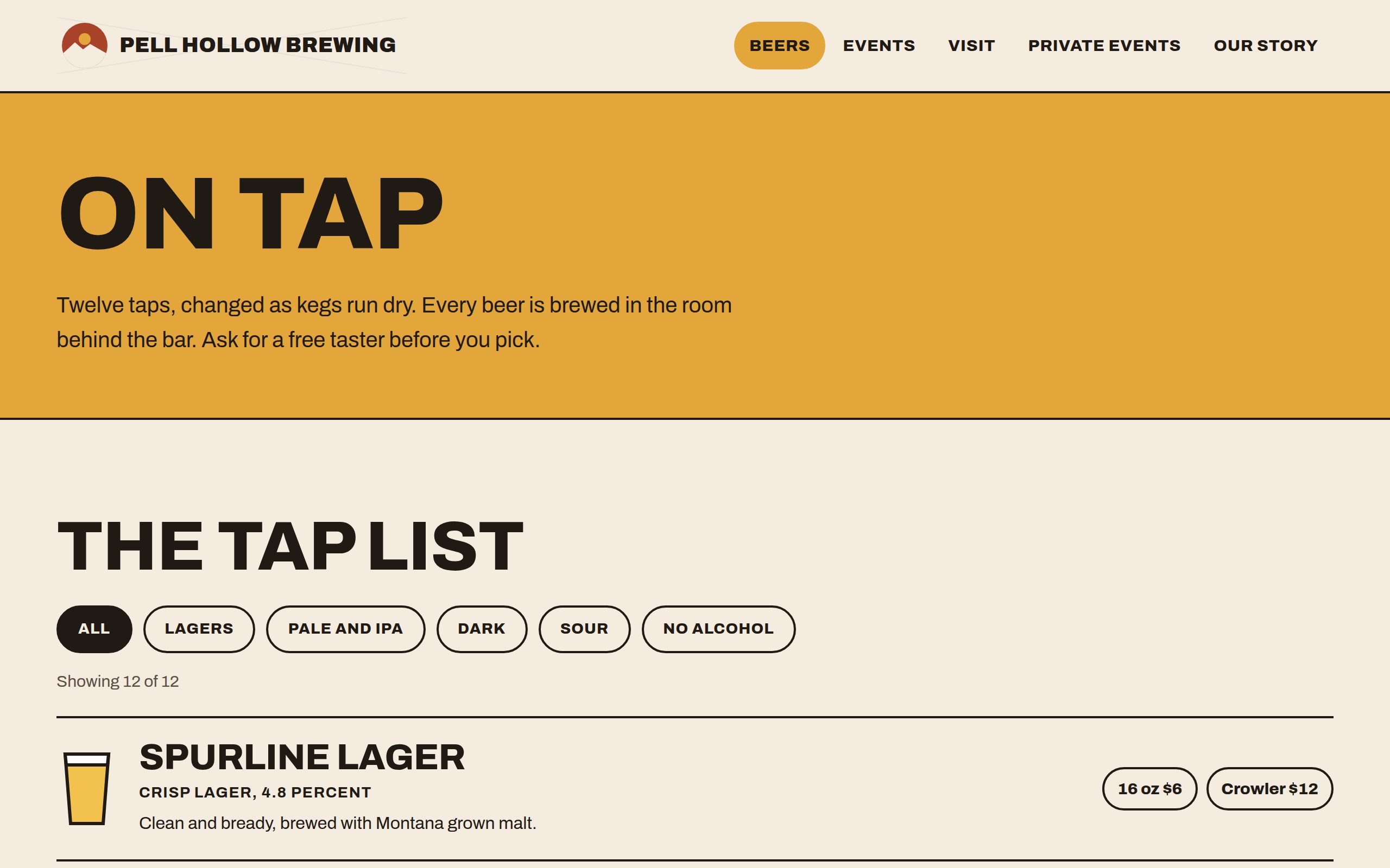 Pell Hollow Brewing on tap page