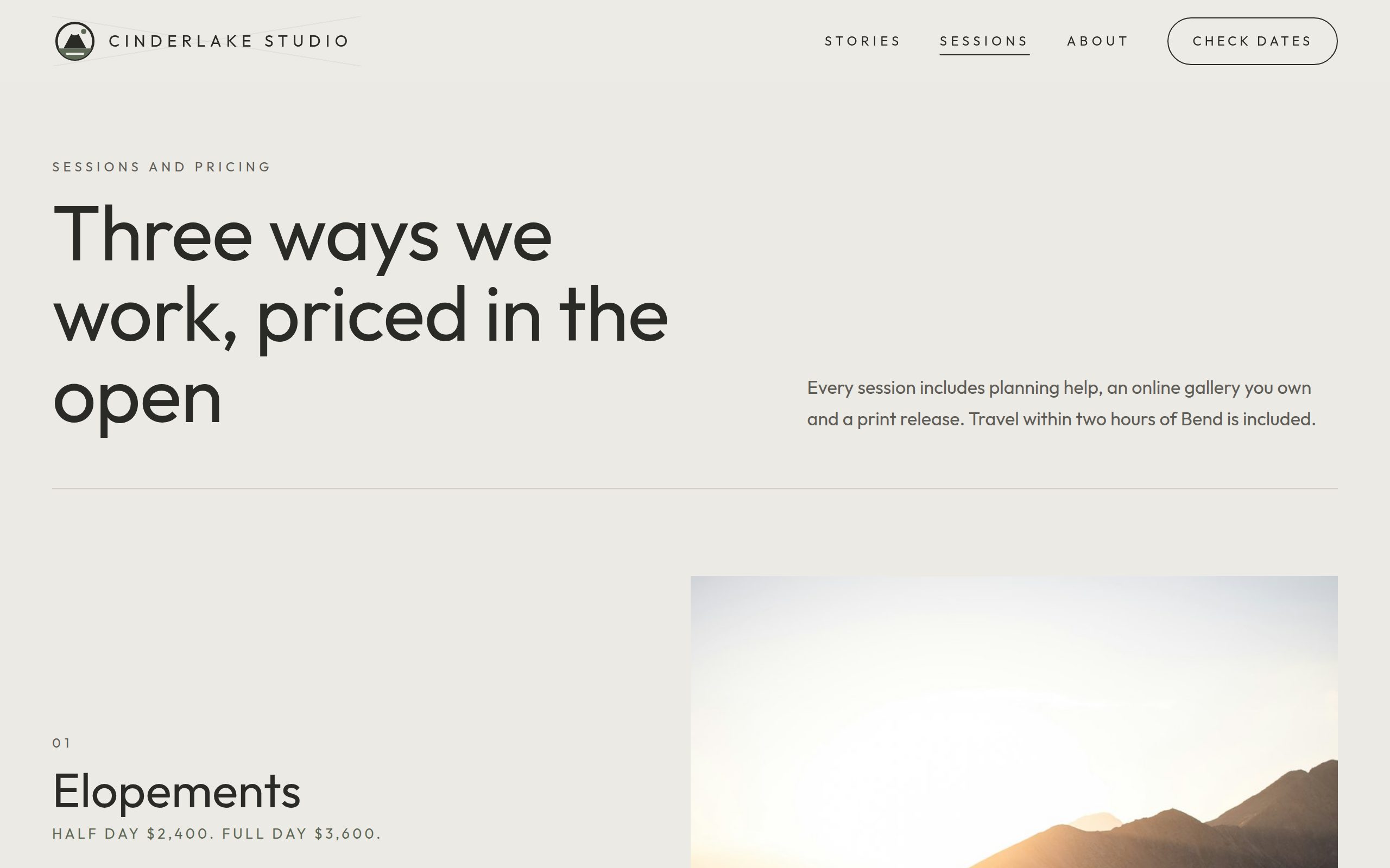 Cinderlake Studio session pricing page