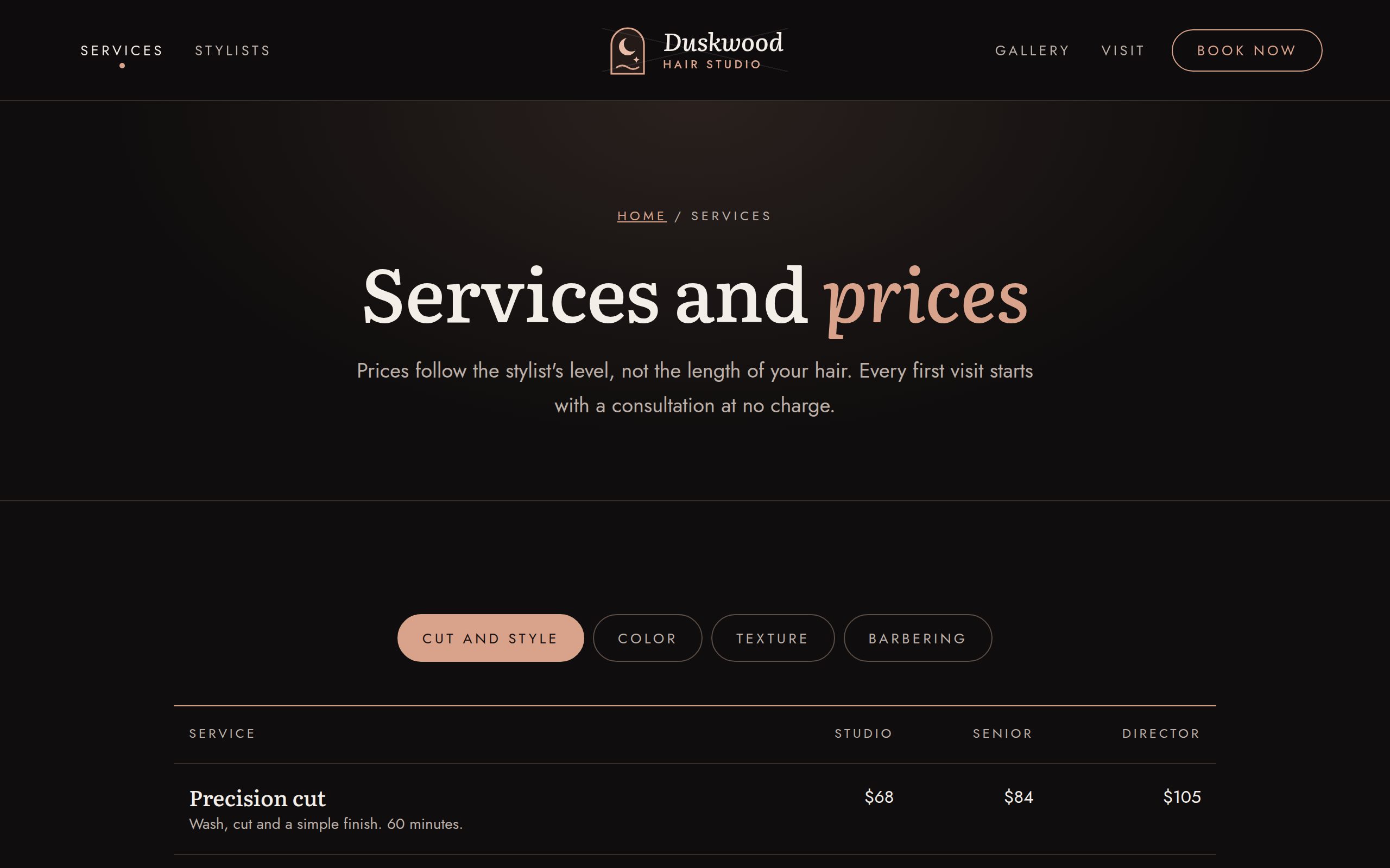 Duskwood Hair Studio services page