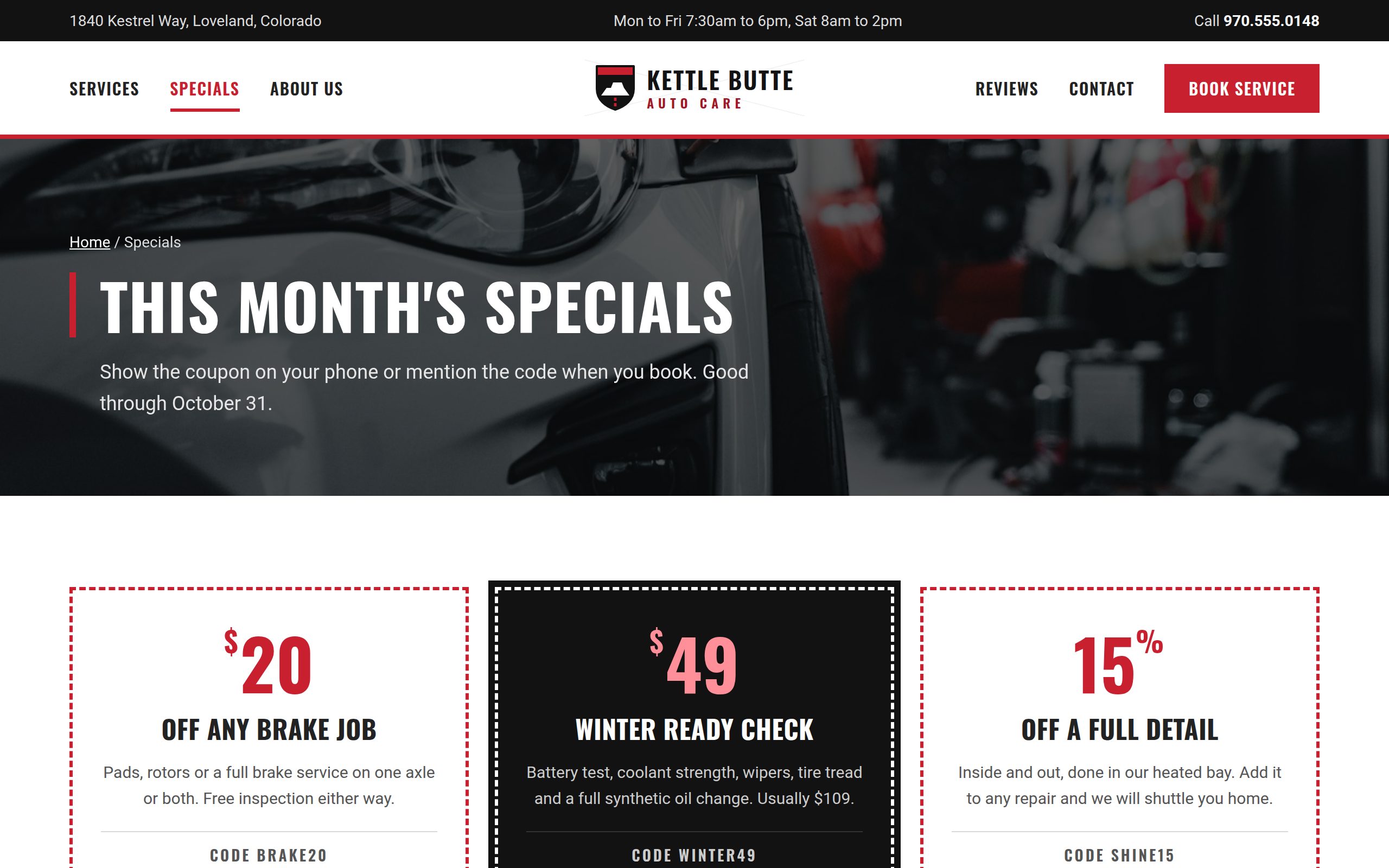 Kettle Butte Auto Care specials page