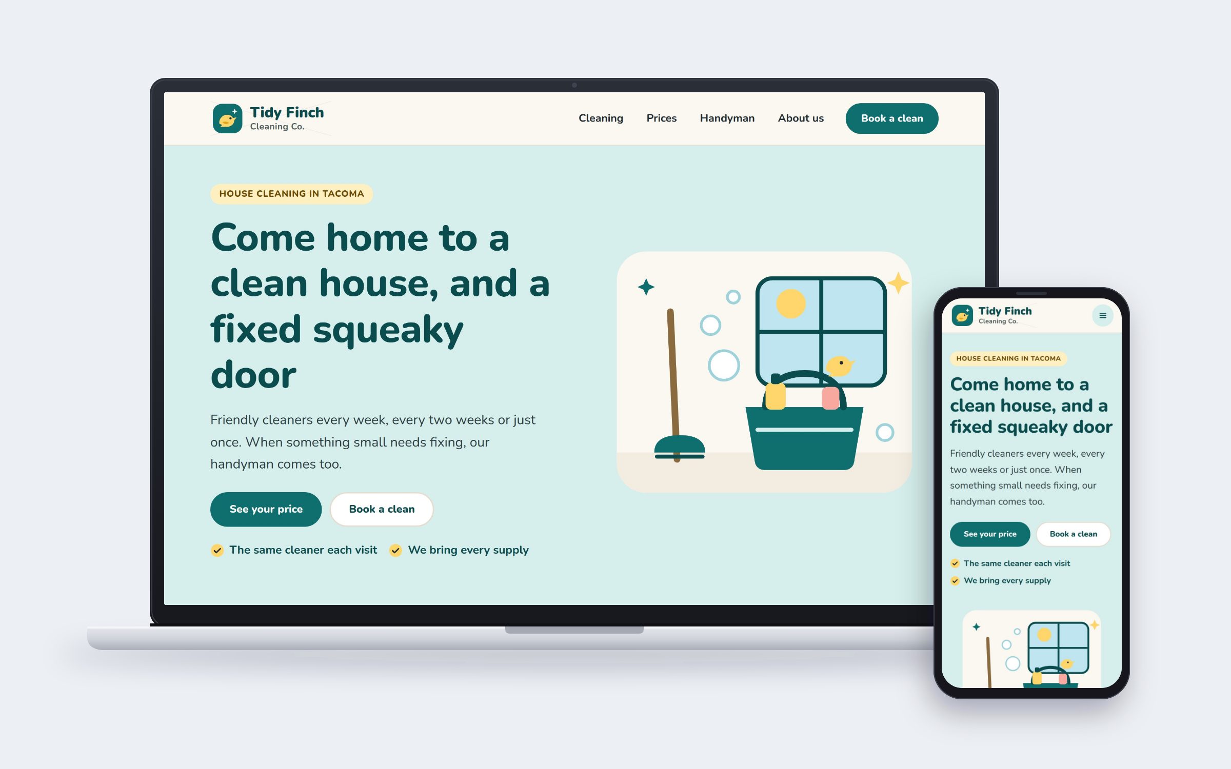 Tidy Finch Cleaning Co website on desktop and mobile devices