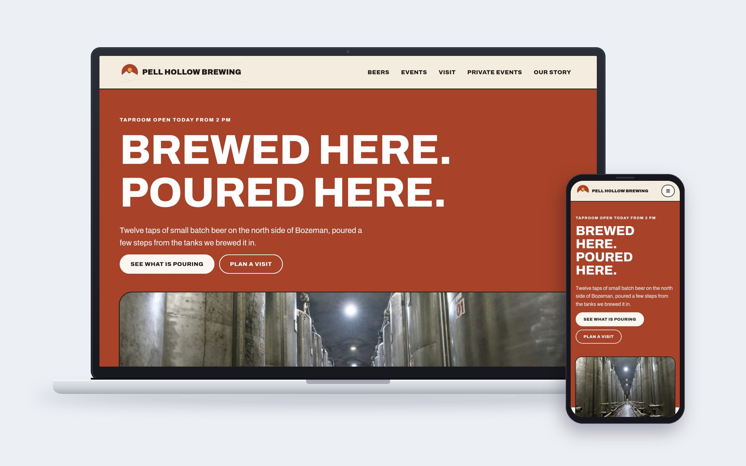 Pell Hollow Brewing website on desktop and mobile devices