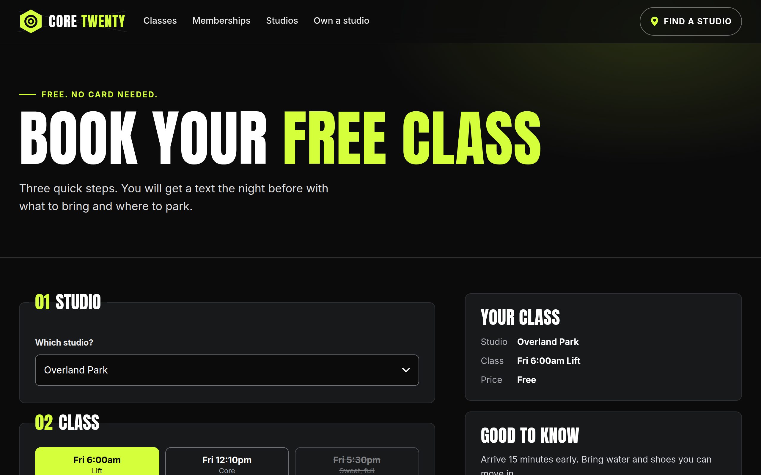 Core Twenty free trial page