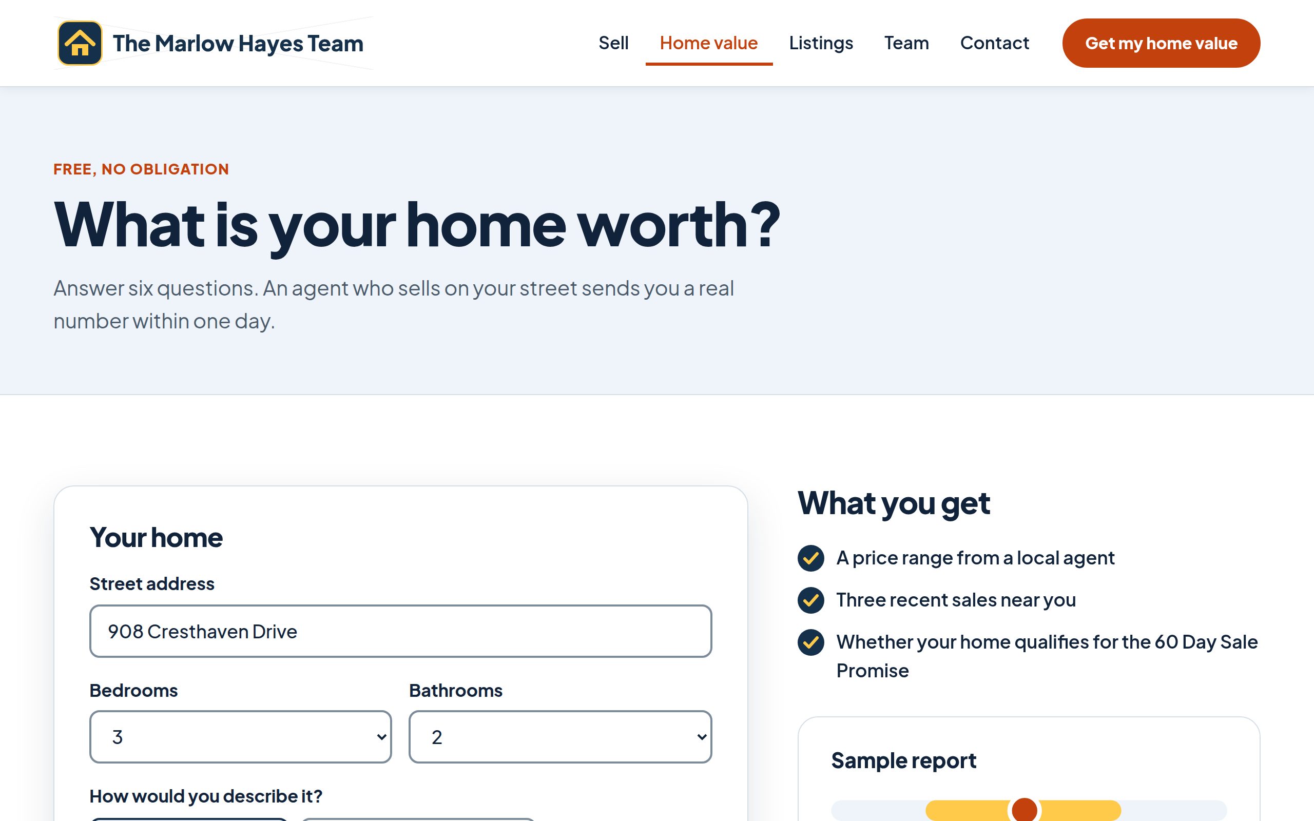 The Marlow Hayes Team estimate page