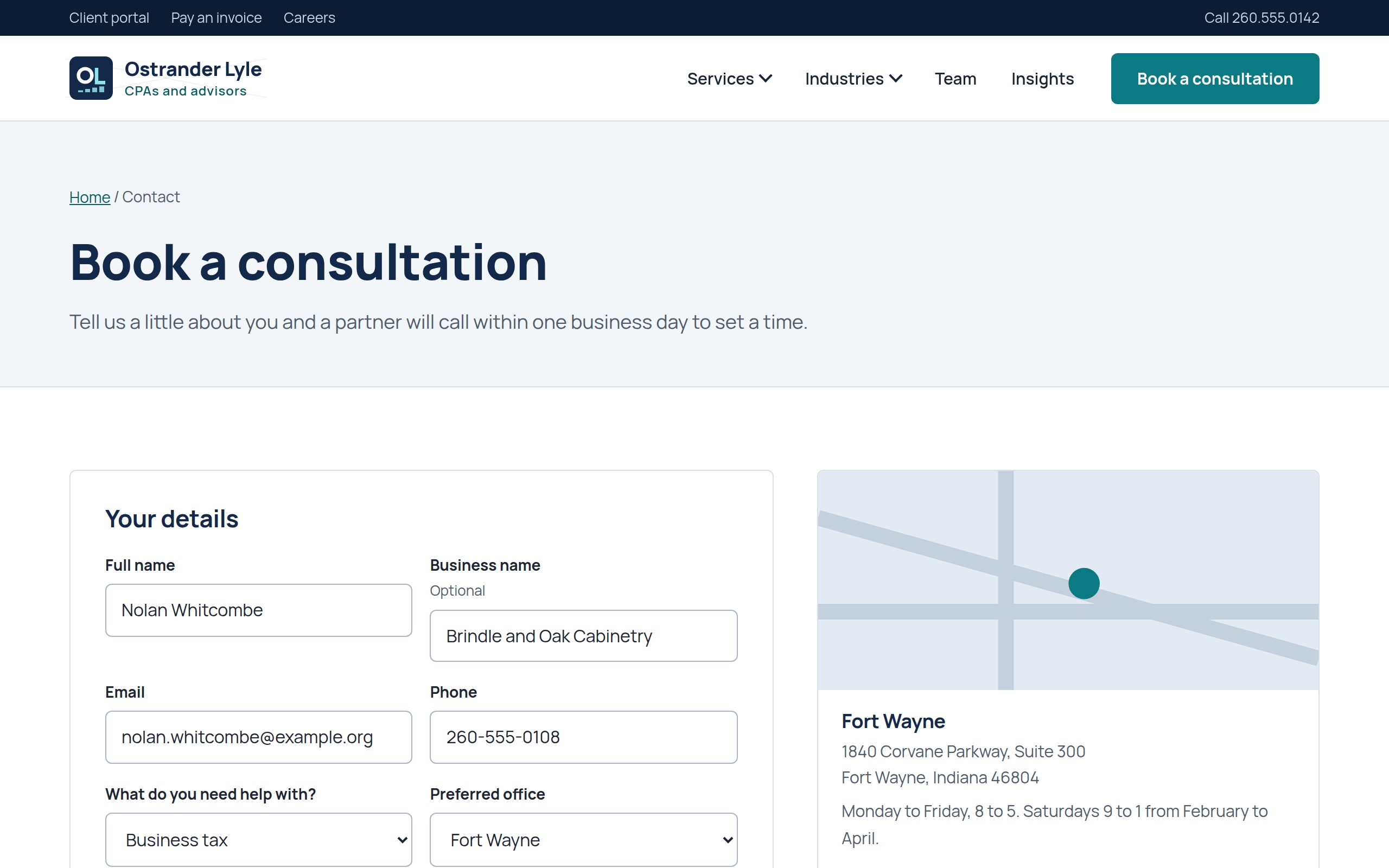 Ostrander Lyle CPAs consultation booking page