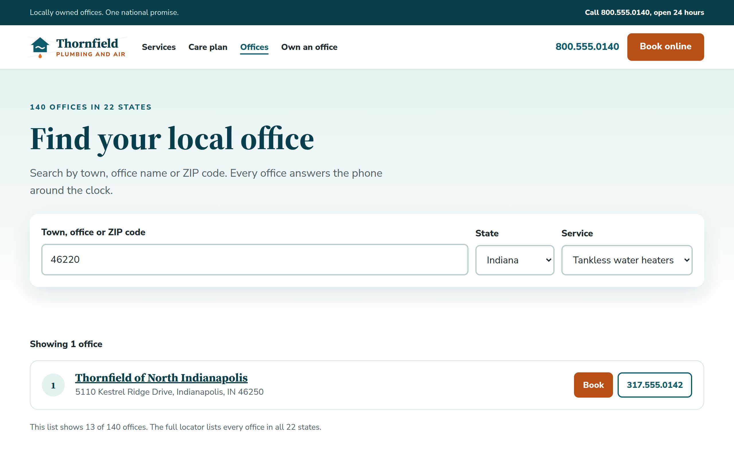 Thornfield Plumbing and Air location finder page