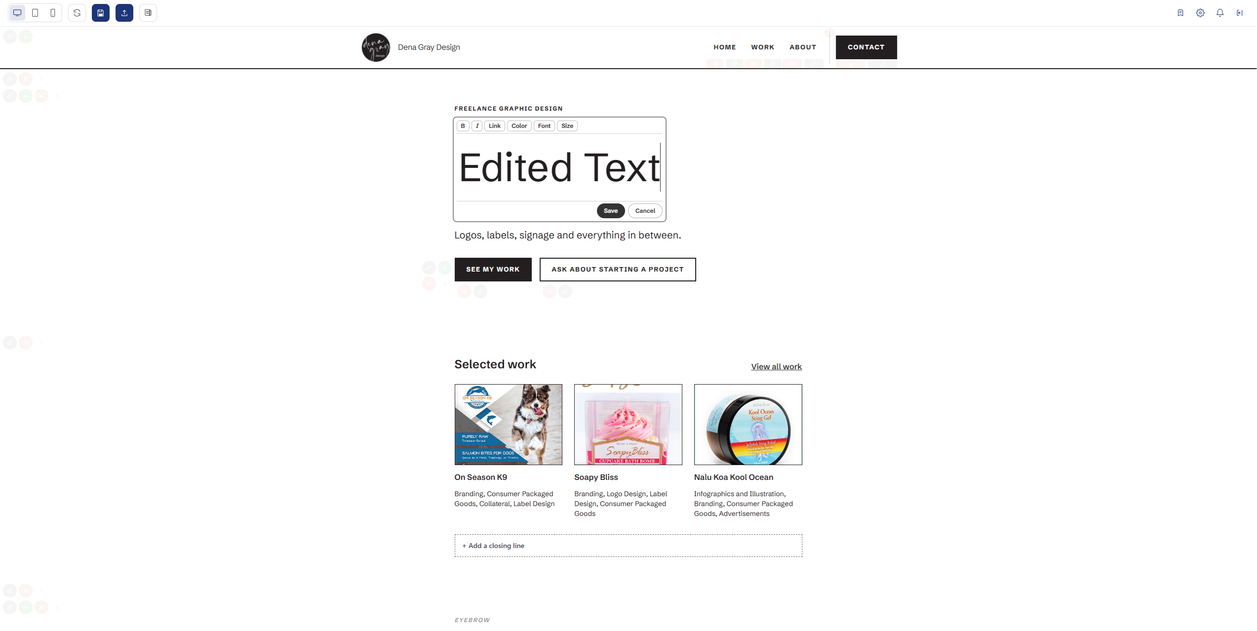 Dena Gray Design's website in the middle of an edit