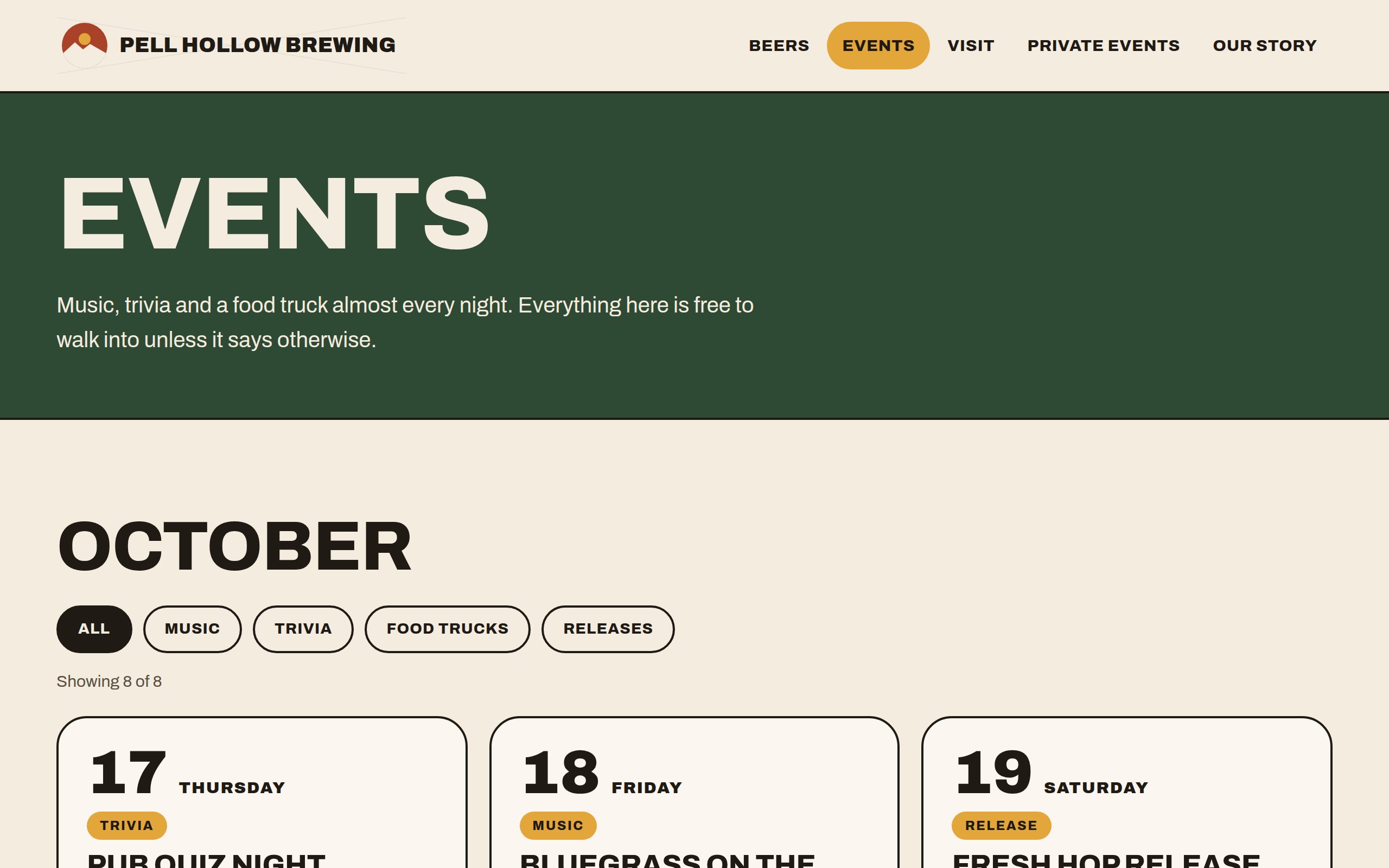 Pell Hollow Brewing events page