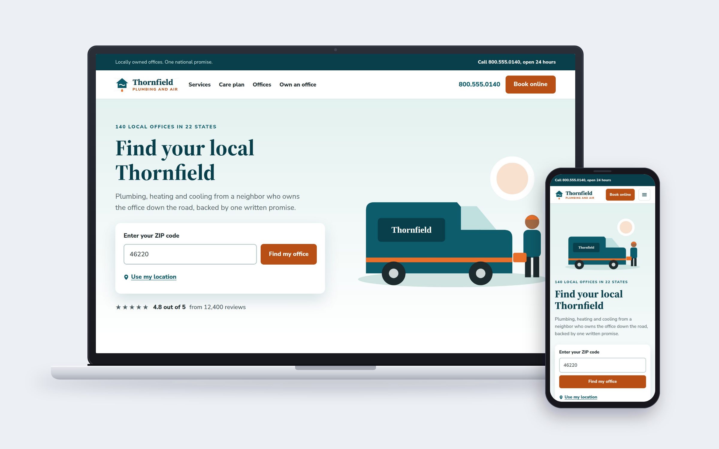 Thornfield Plumbing and Air's website on a desktop and mobile device