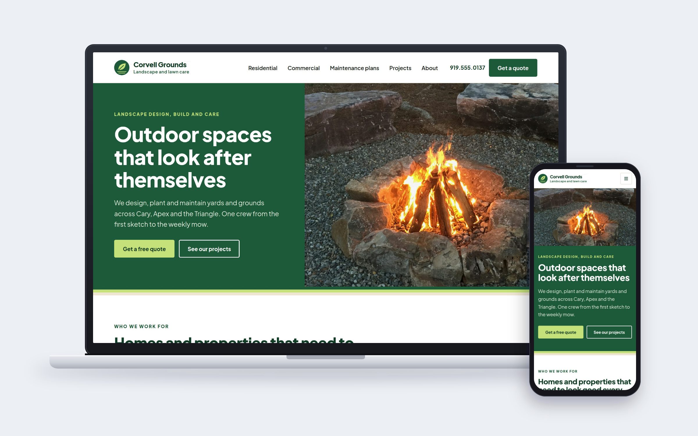 Corvell Grounds website on desktop and mobile devices