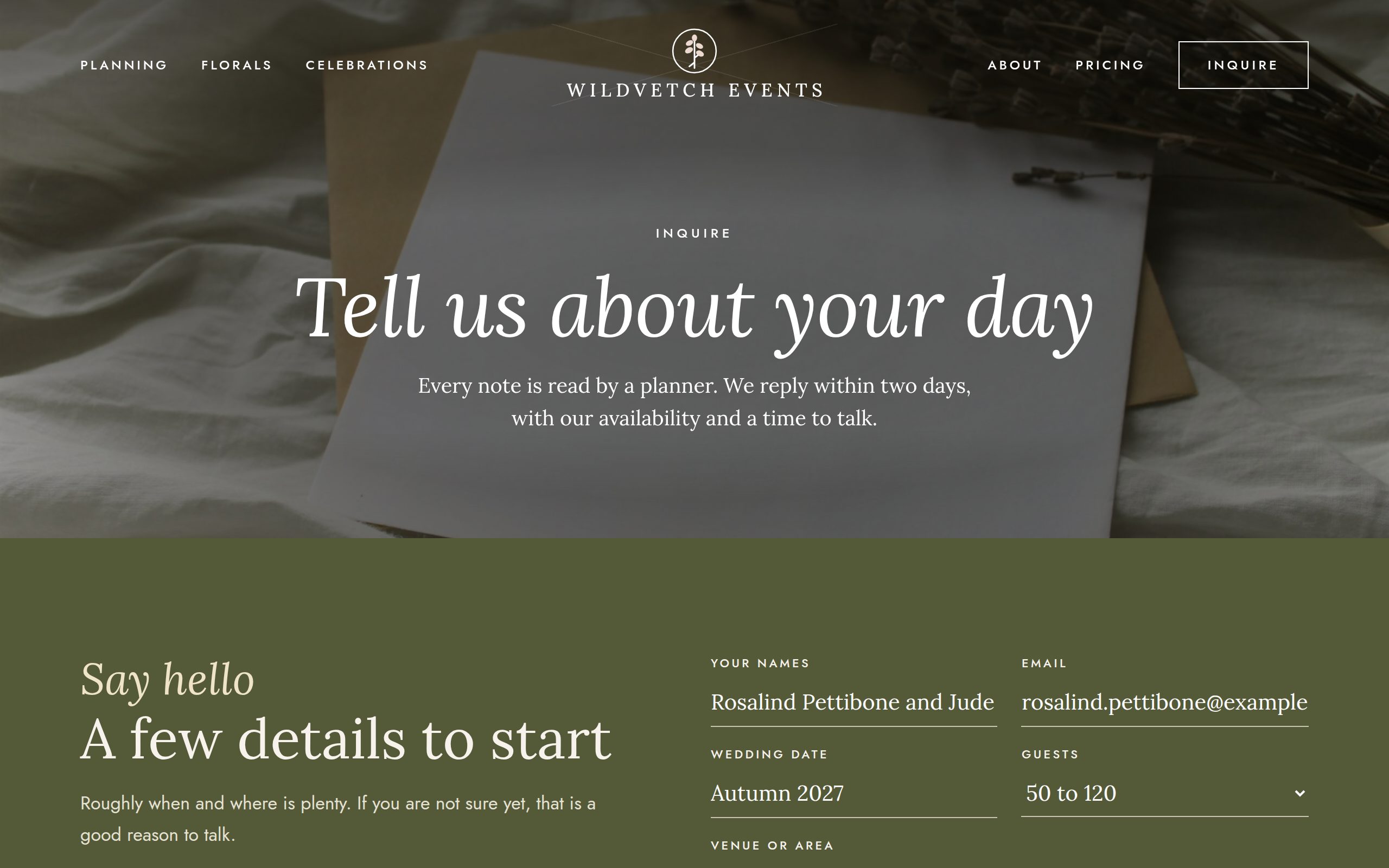 Wildvetch Events inquiry page