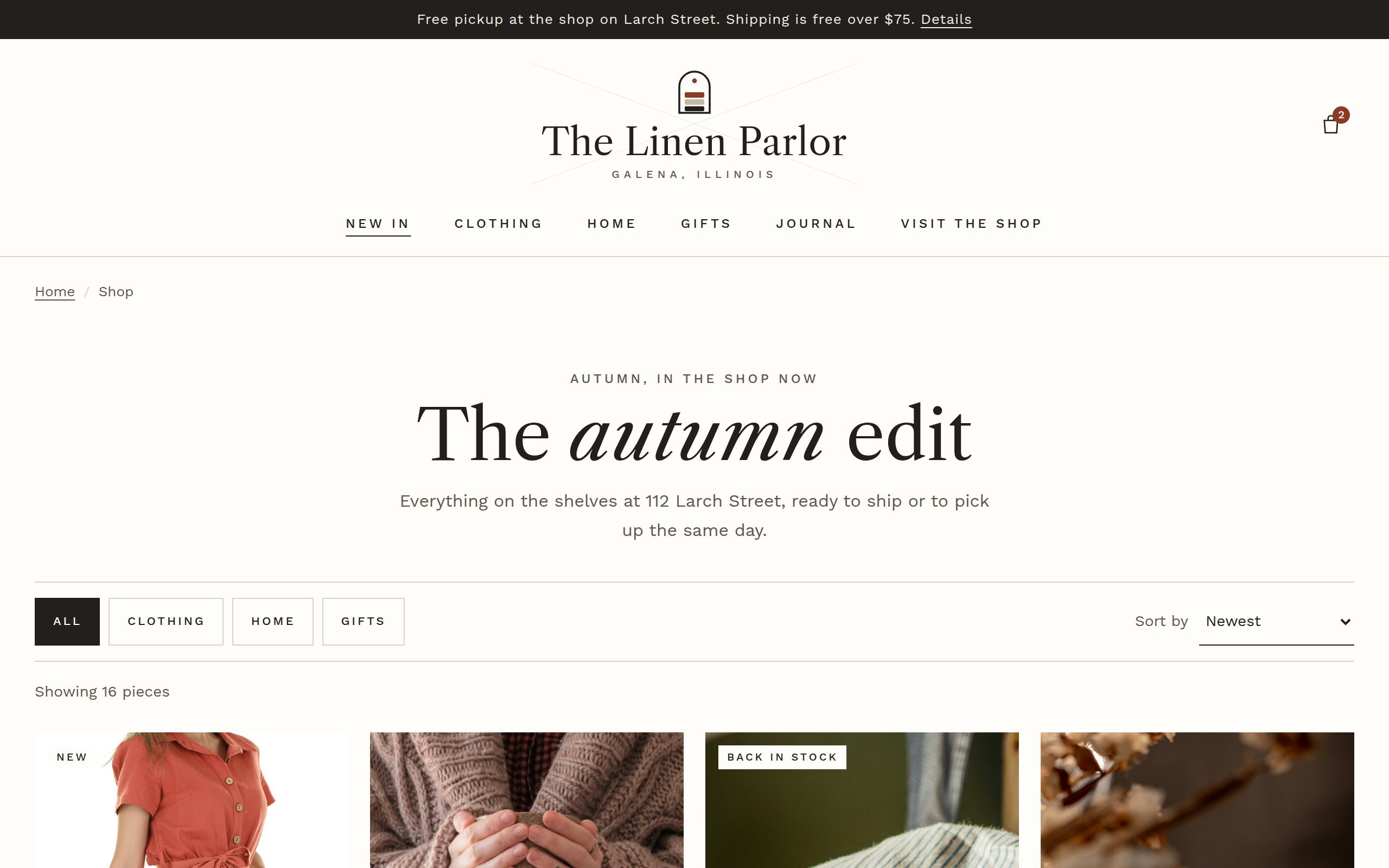 The Linen Parlor shop and product list page