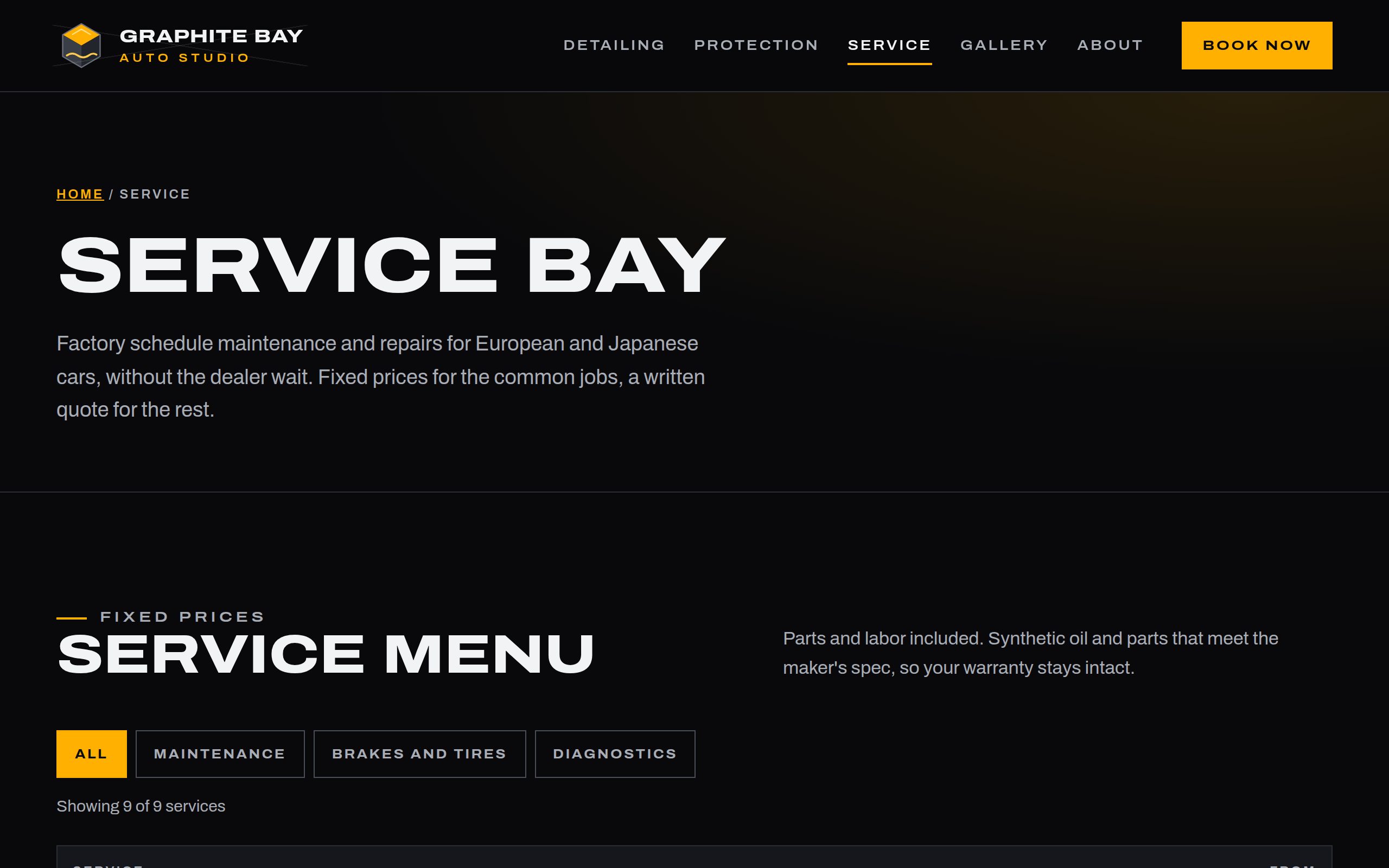 Graphite Bay Auto Studio service selector page