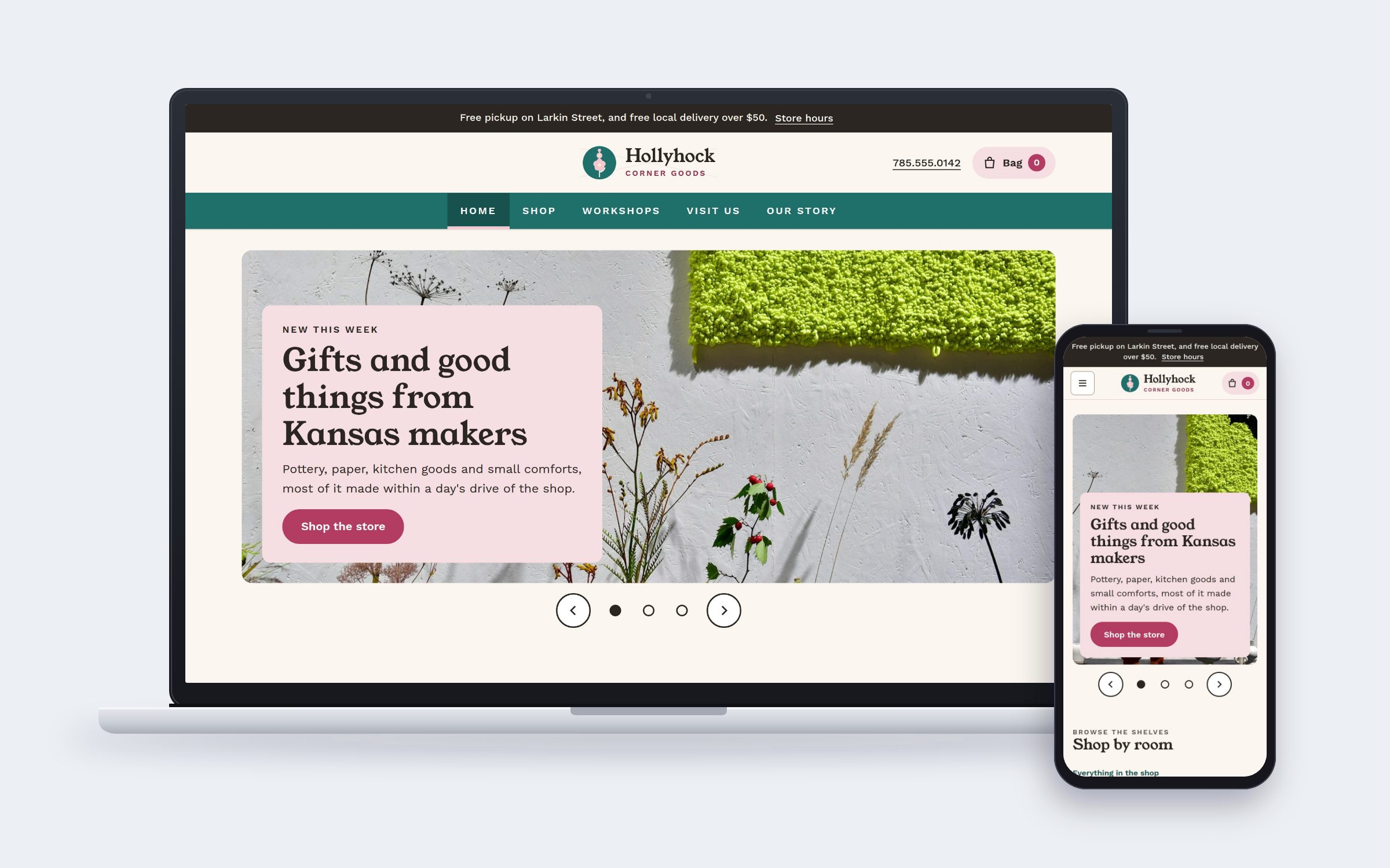 Hollyhock Corner Goods website on desktop and mobile devices