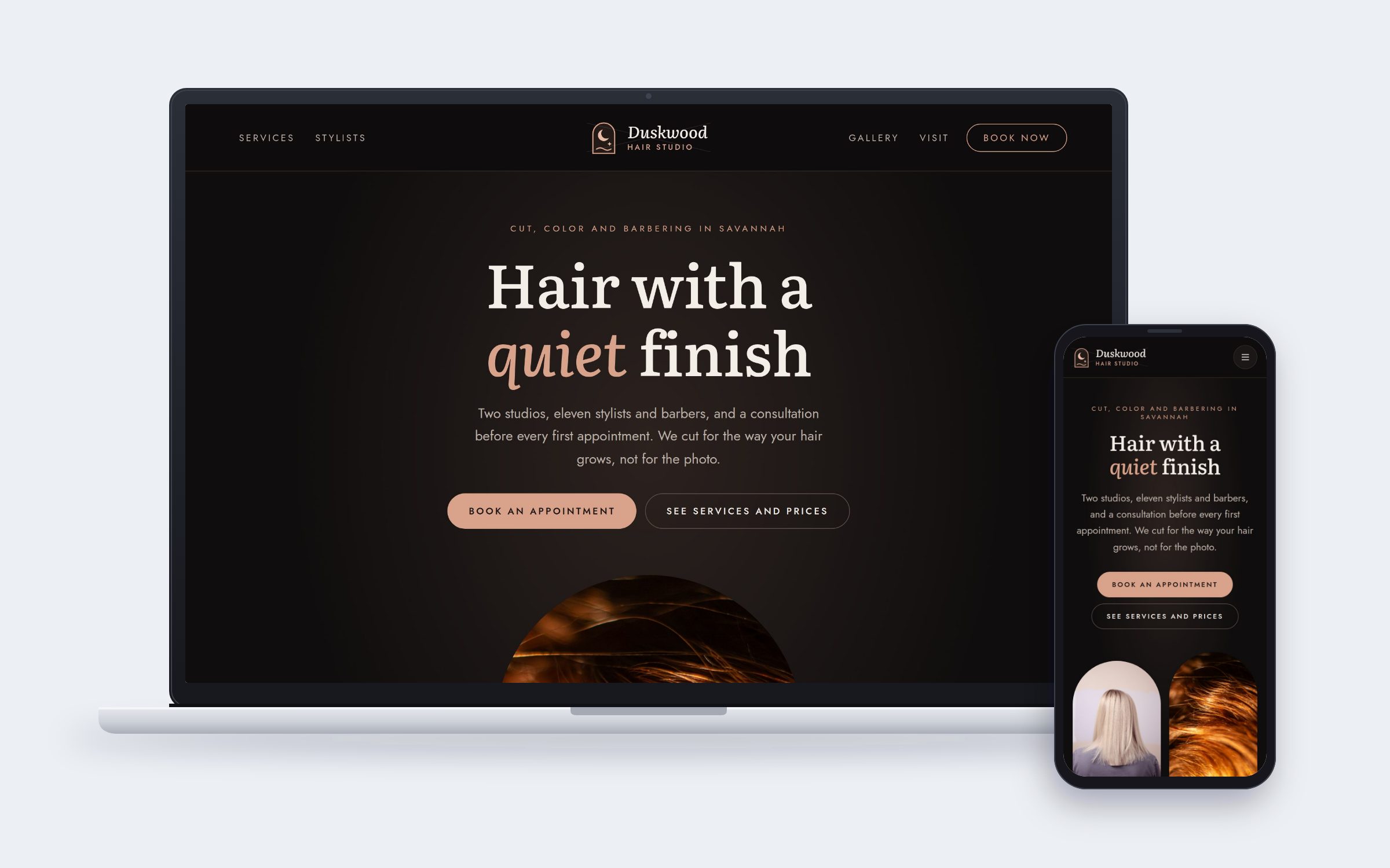 Duskwood Hair Studio website on desktop and mobile devices
