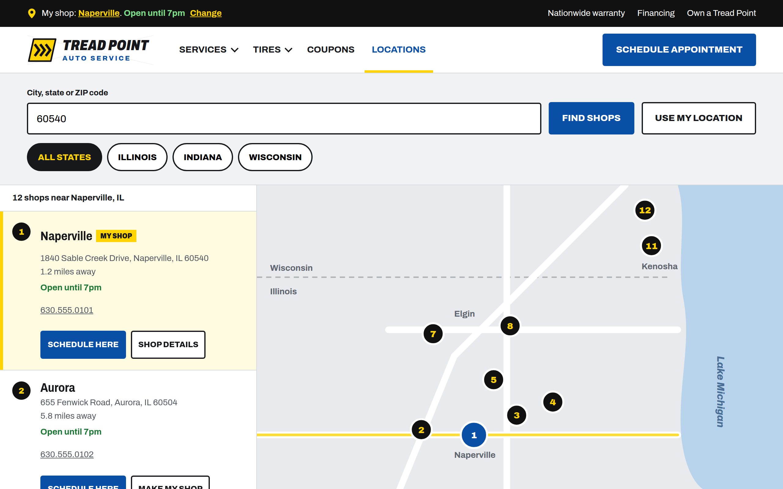 Tread Point Auto Service location selector page