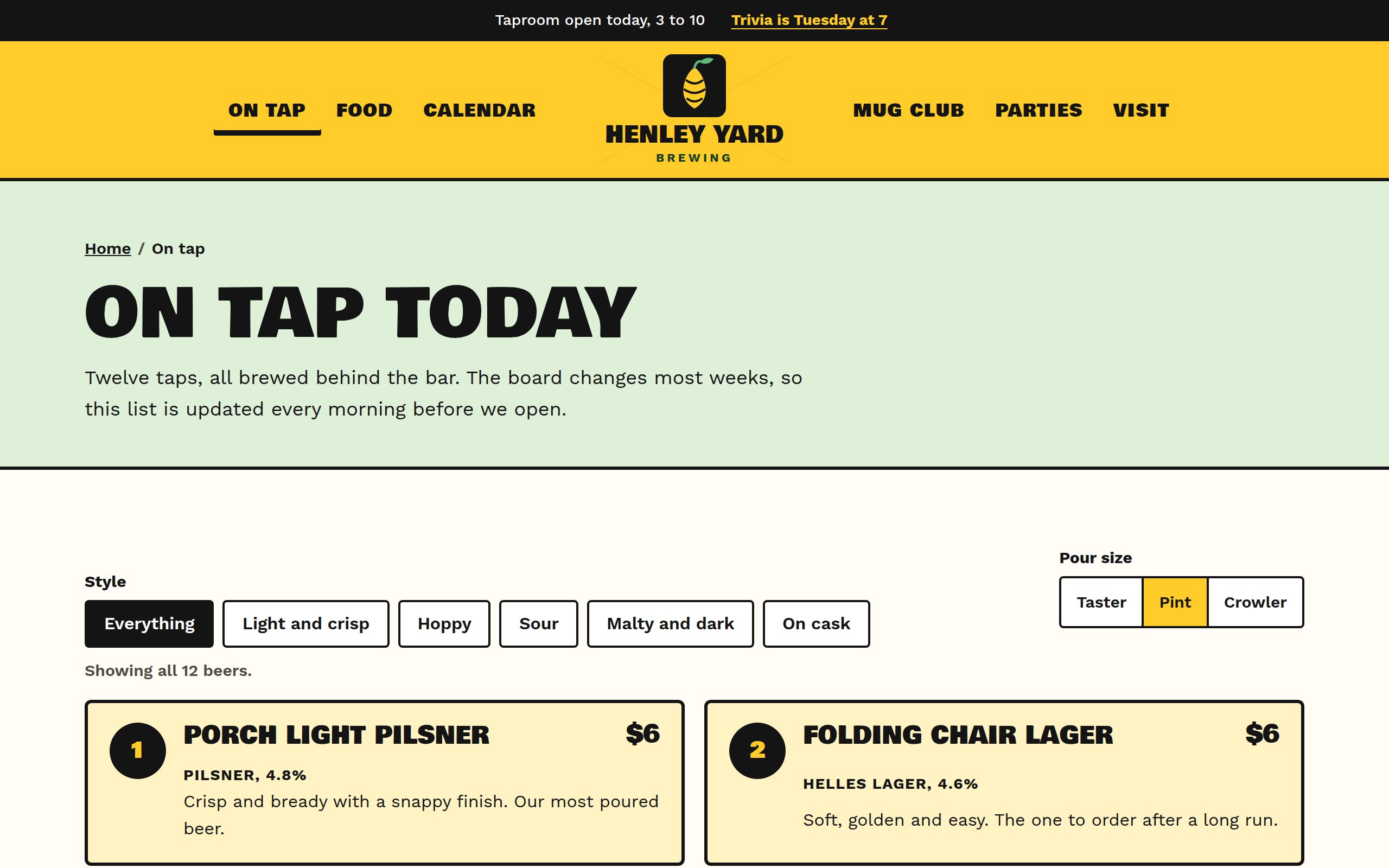 Henley Yard Brewing on tap page