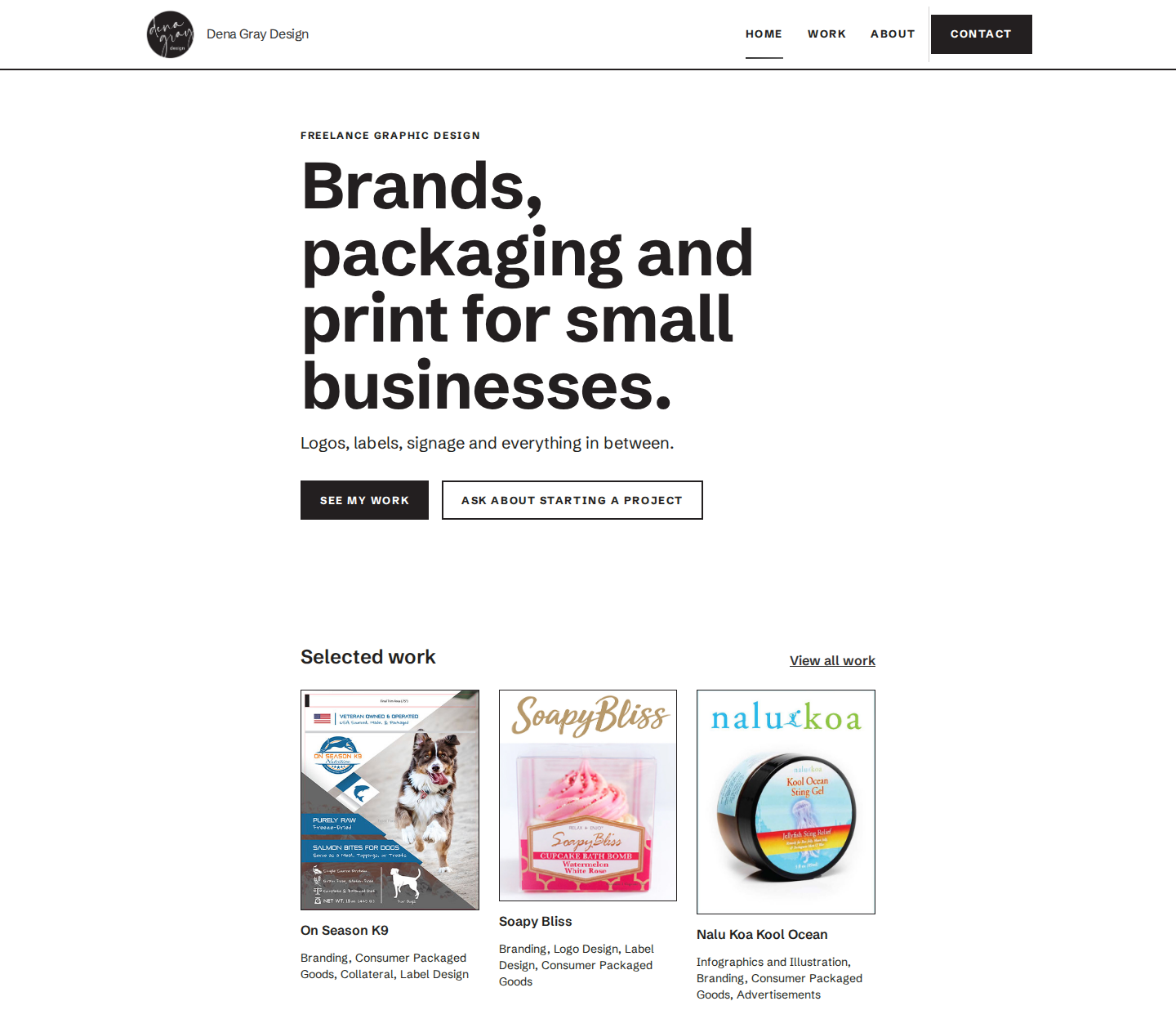 Dena Gray Design's website home page with a heightened view to allow more of her portfolio work to be seen