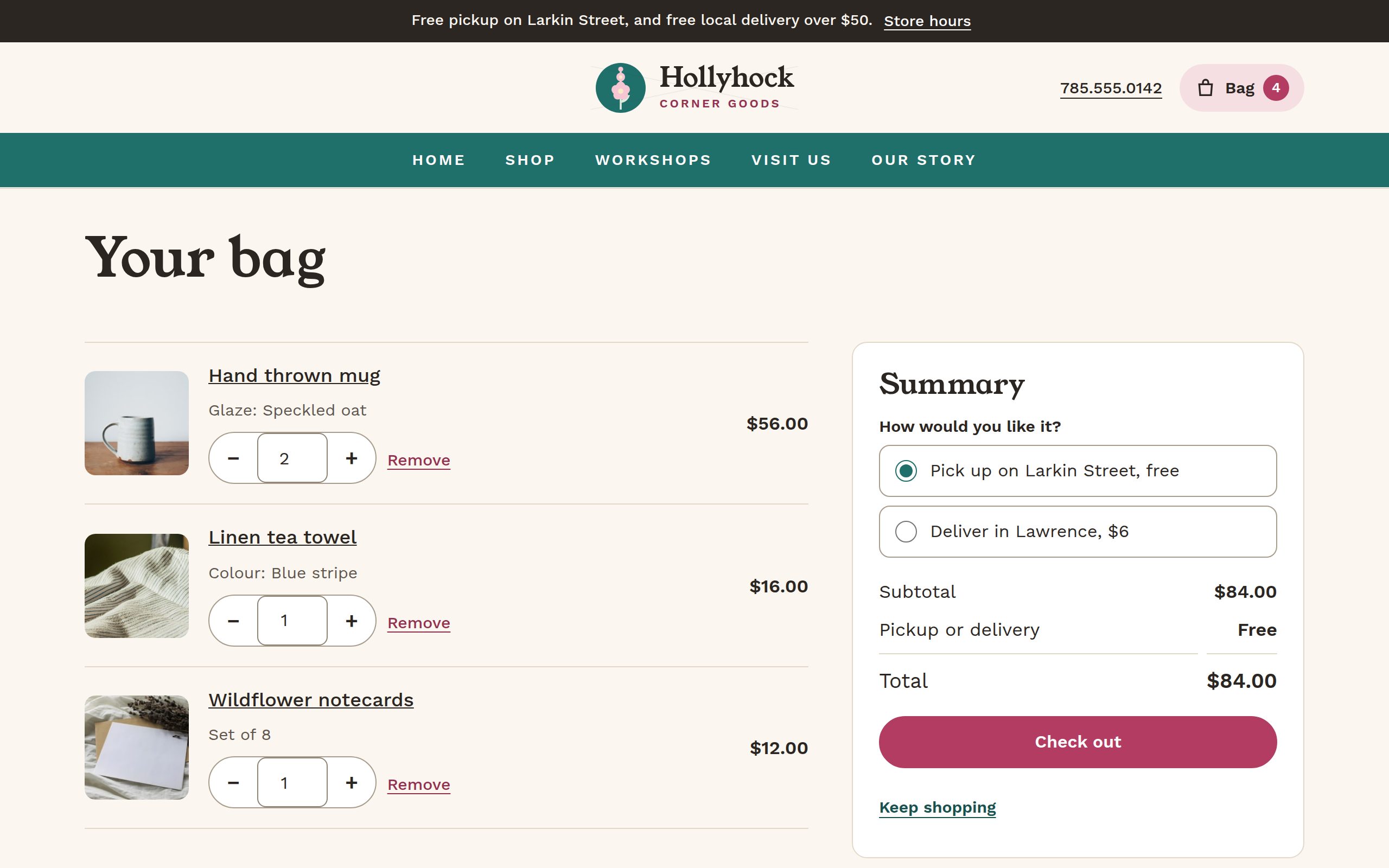 Hollyhock Corner Goods cart checkout page