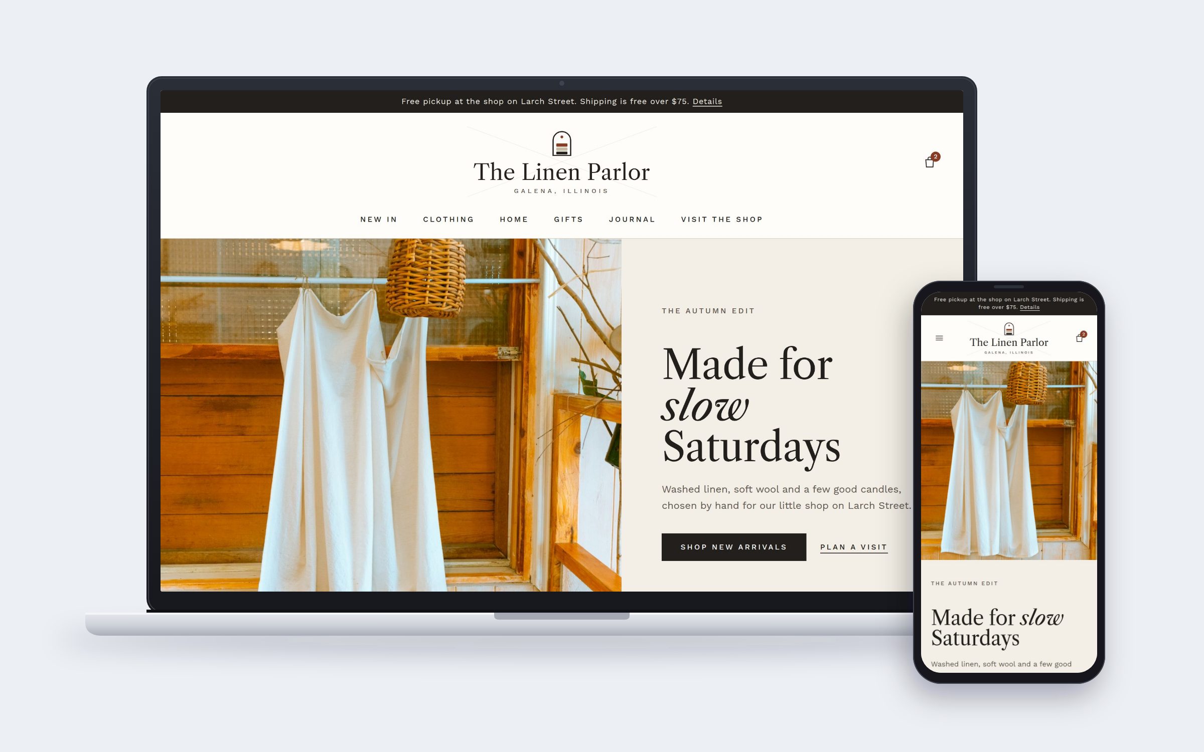 The Linen Parlor website on desktop and mobile devices