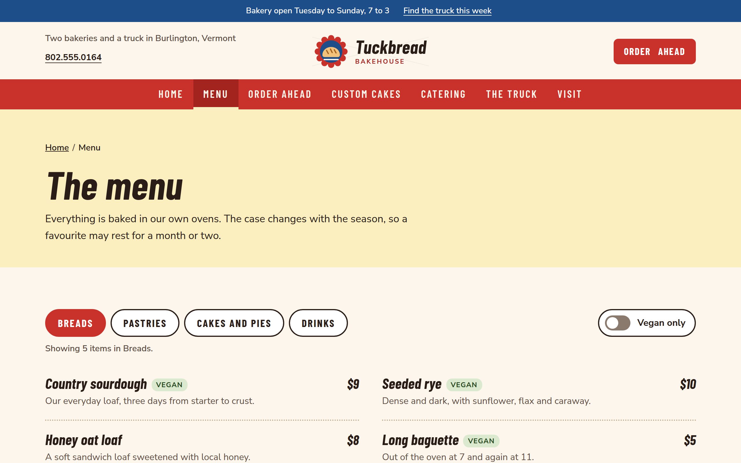 Tuckbread Bakehouse menu page