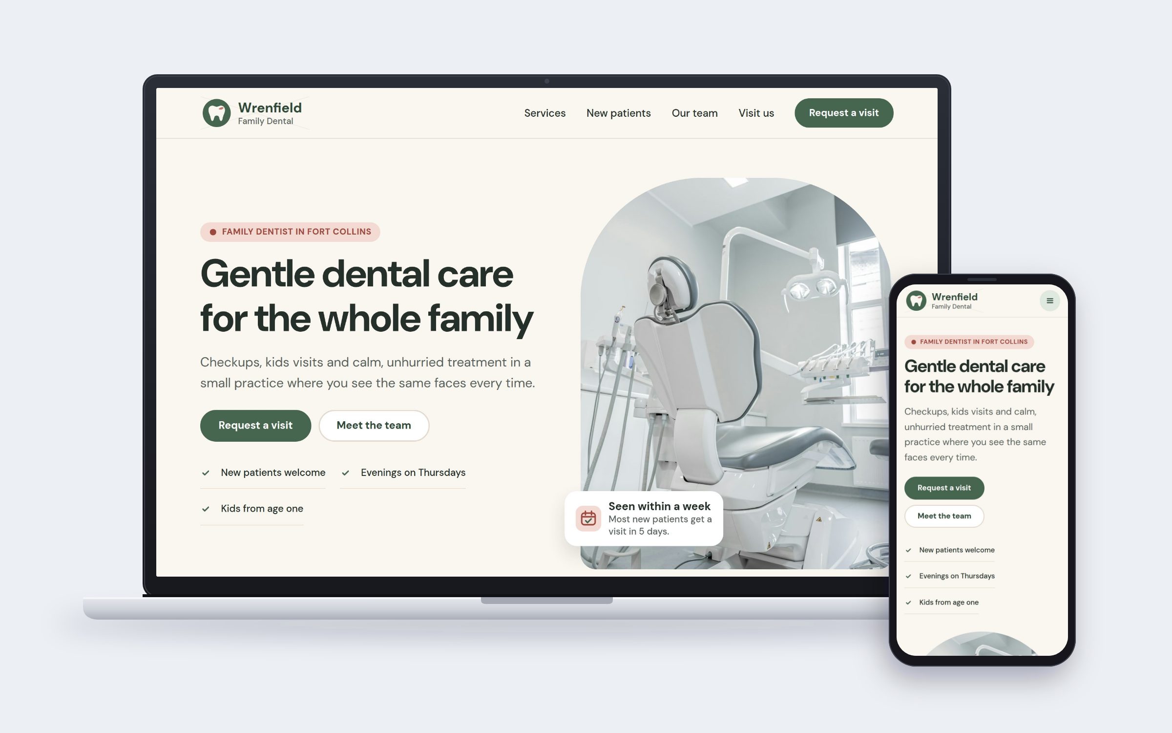 Wrenfield Family Dental website on desktop and mobile devices