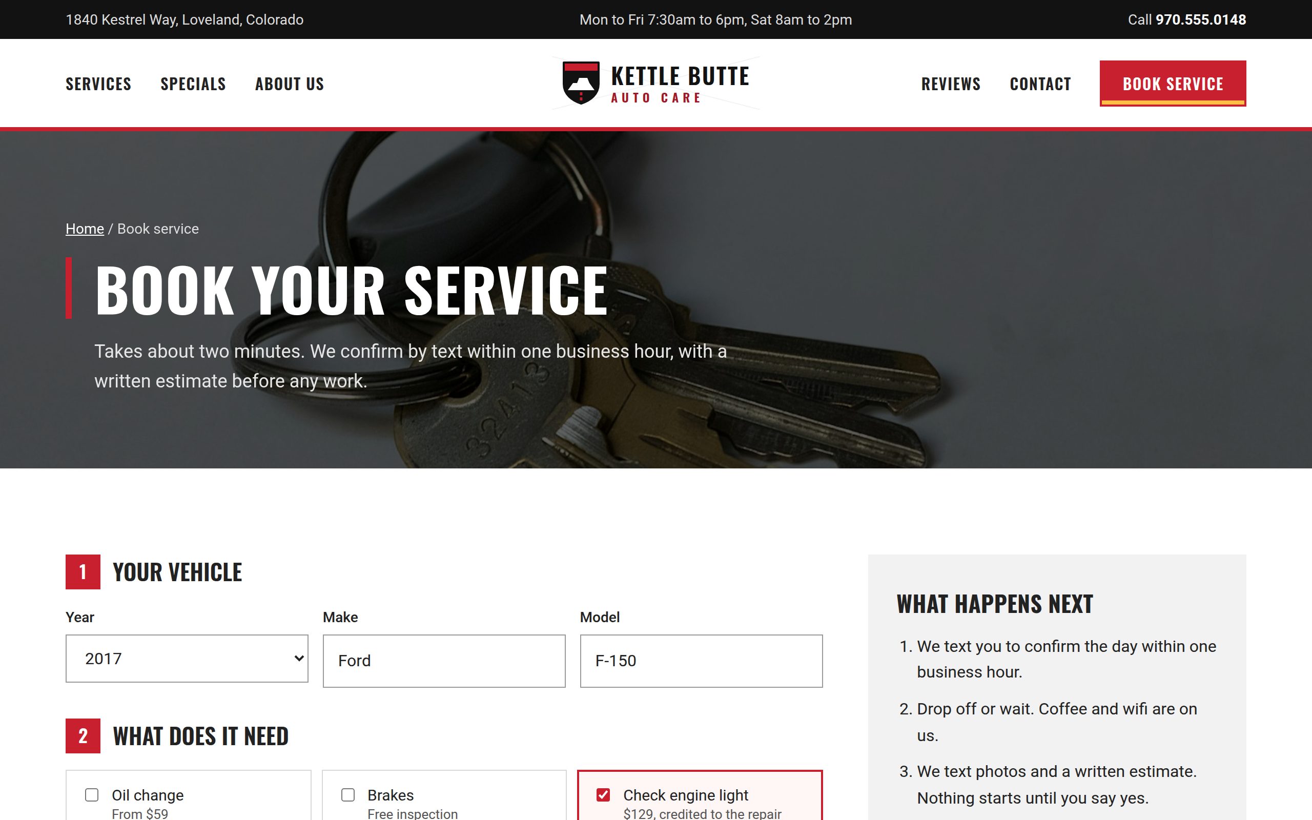 Kettle Butte Auto Care booking page